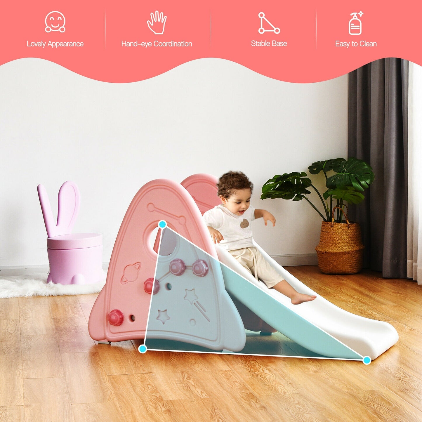 Freestanding Baby Slide Indoor First Play Climber Slide Set for Boys Girls-Pink Kids Crystal