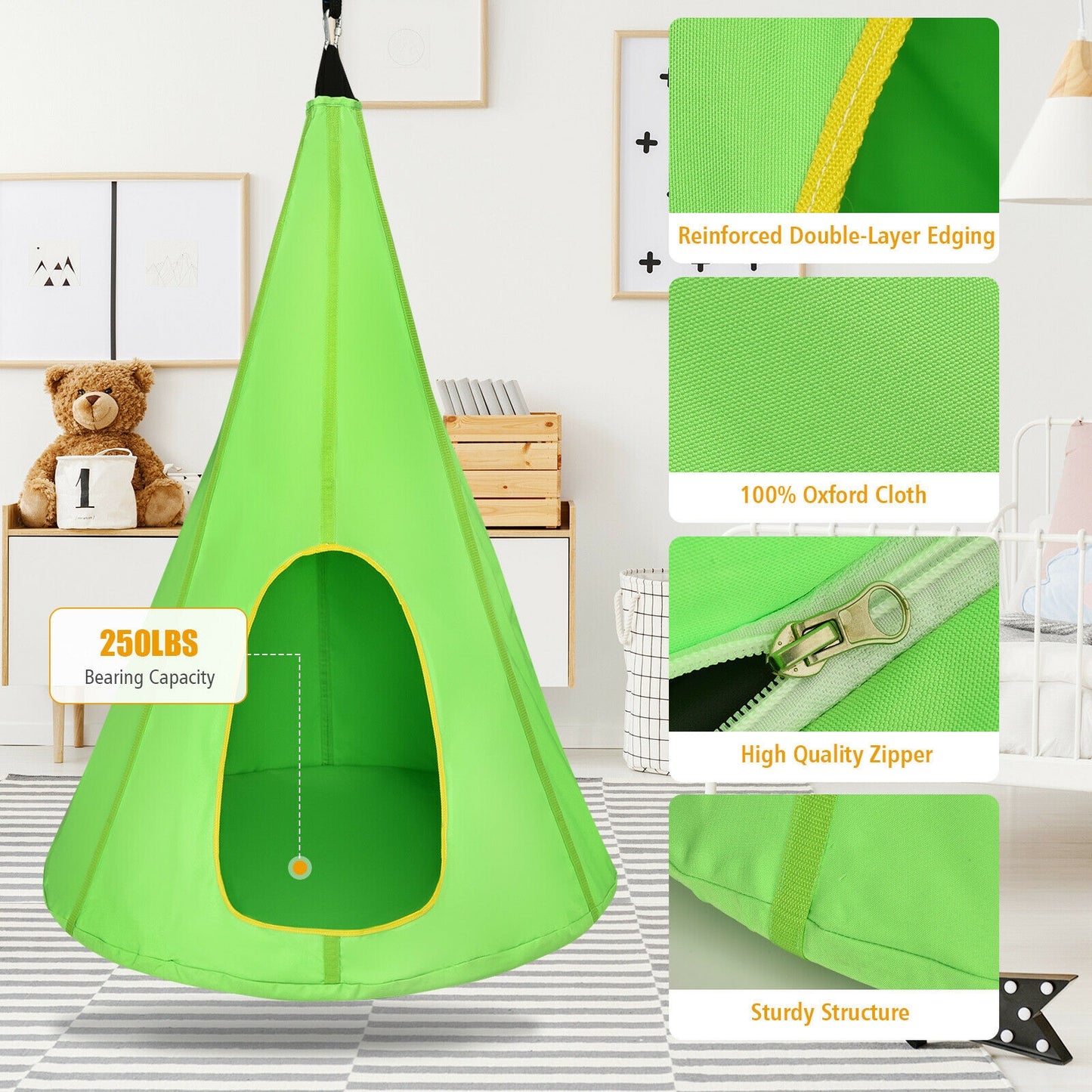 40 Inch Kids Nest Swing Chair Hanging Hammock Seat for Indoor Outdoor-Green Kids Crystal