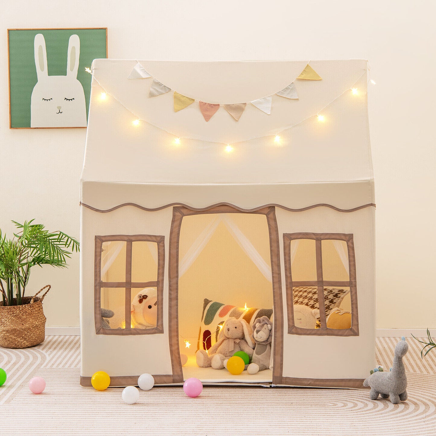 Toddler Large Playhouse with Star String Lights-Brown Kids Crystal