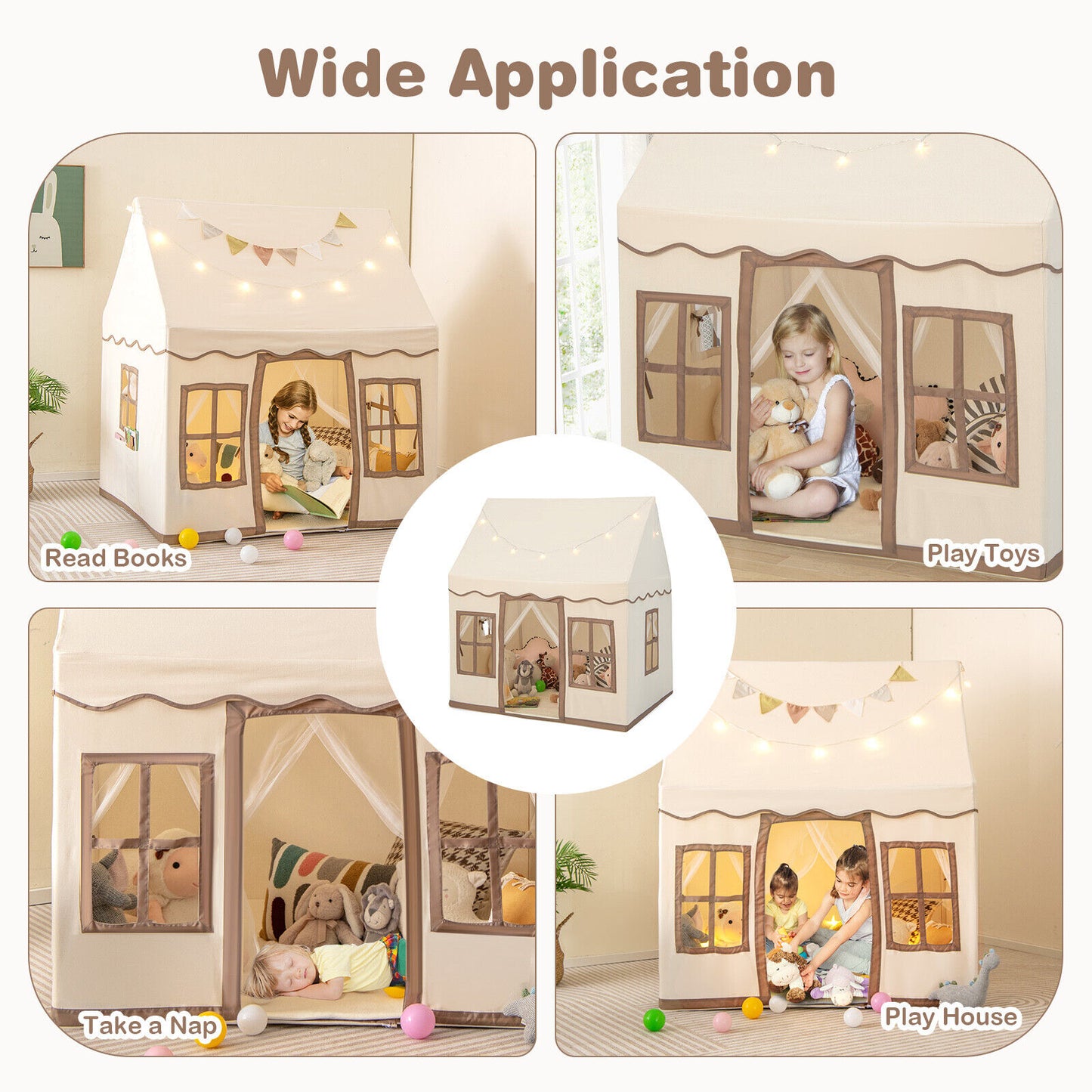 Toddler Large Playhouse with Star String Lights-Brown Kids Crystal