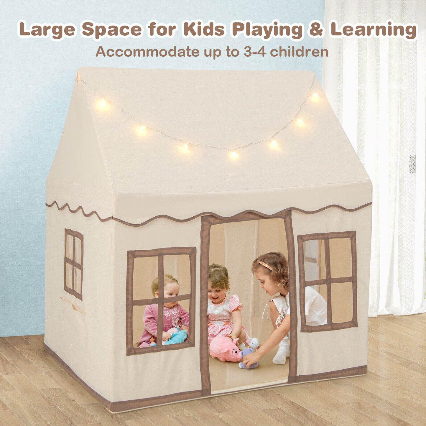 Toddler Large Playhouse with Star String Lights-Brown Kids Crystal