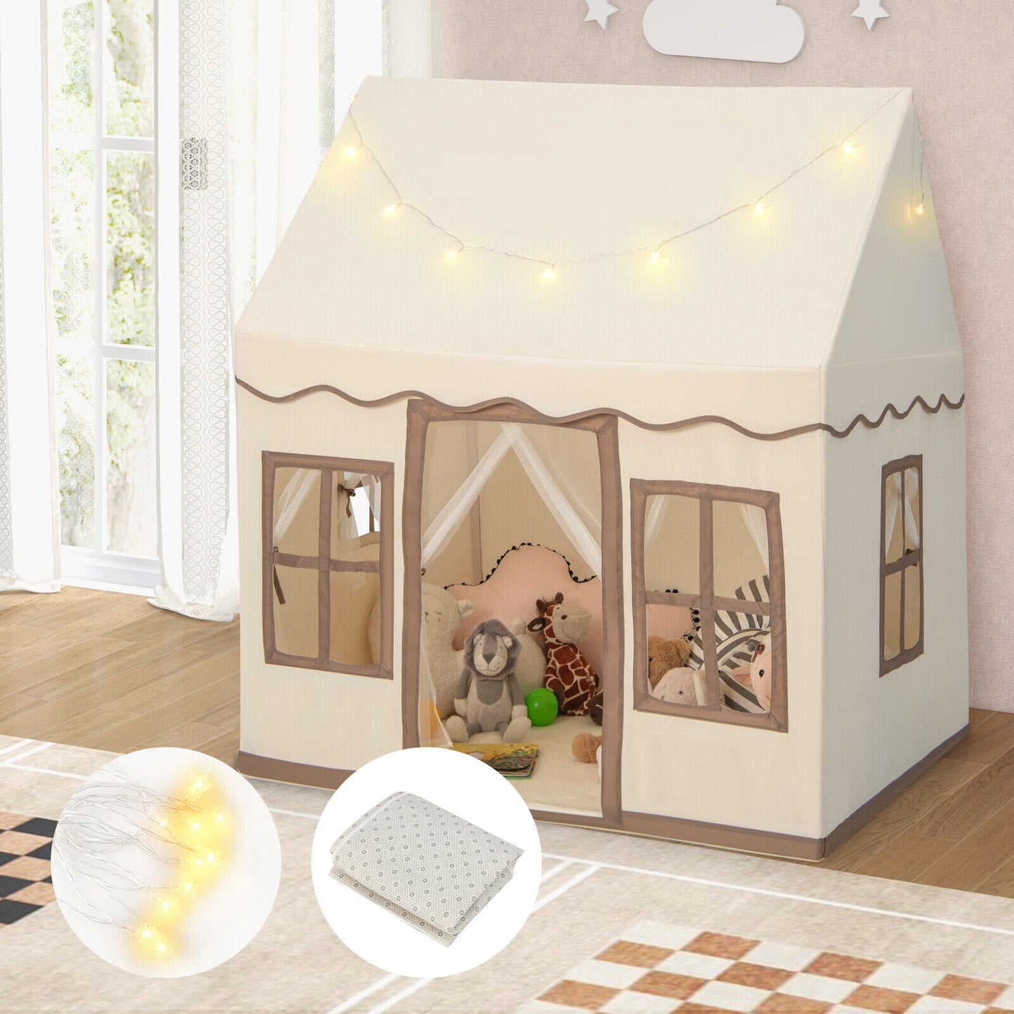 Toddler Large Playhouse with Star String Lights-Brown Kids Crystal