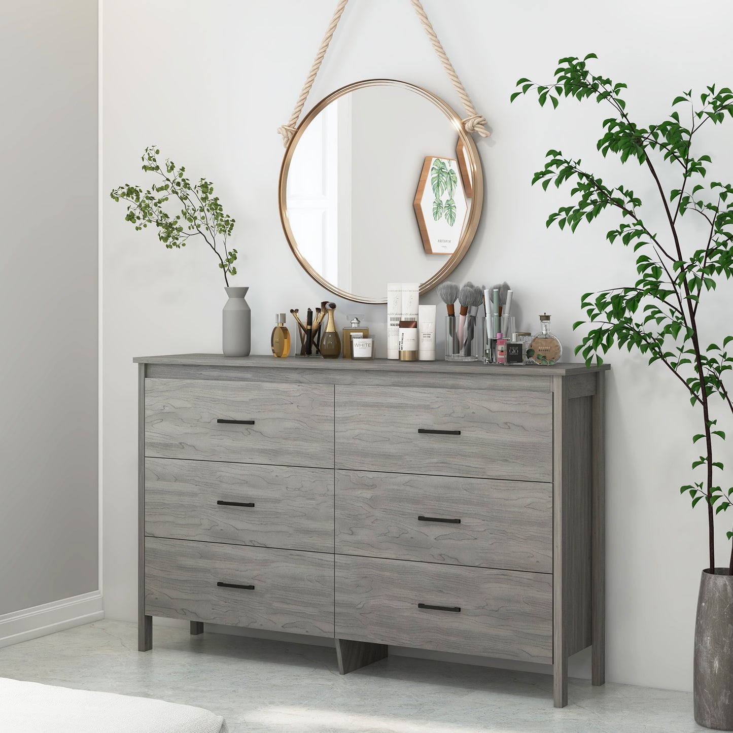 6-Drawer Wide Dresser Chest with Center Support and Anti-tip Kit-Gray Kids Crystal