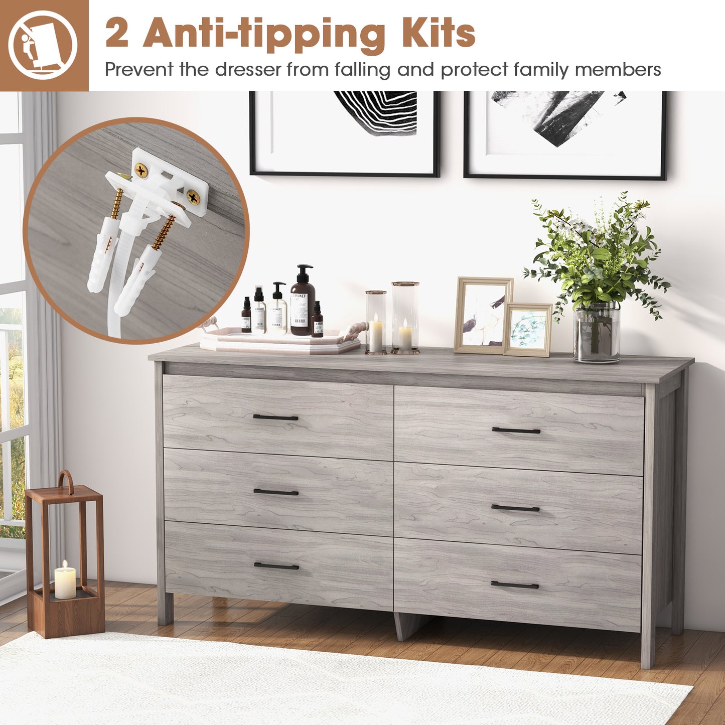 6-Drawer Wide Dresser Chest with Center Support and Anti-tip Kit-Gray Kids Crystal