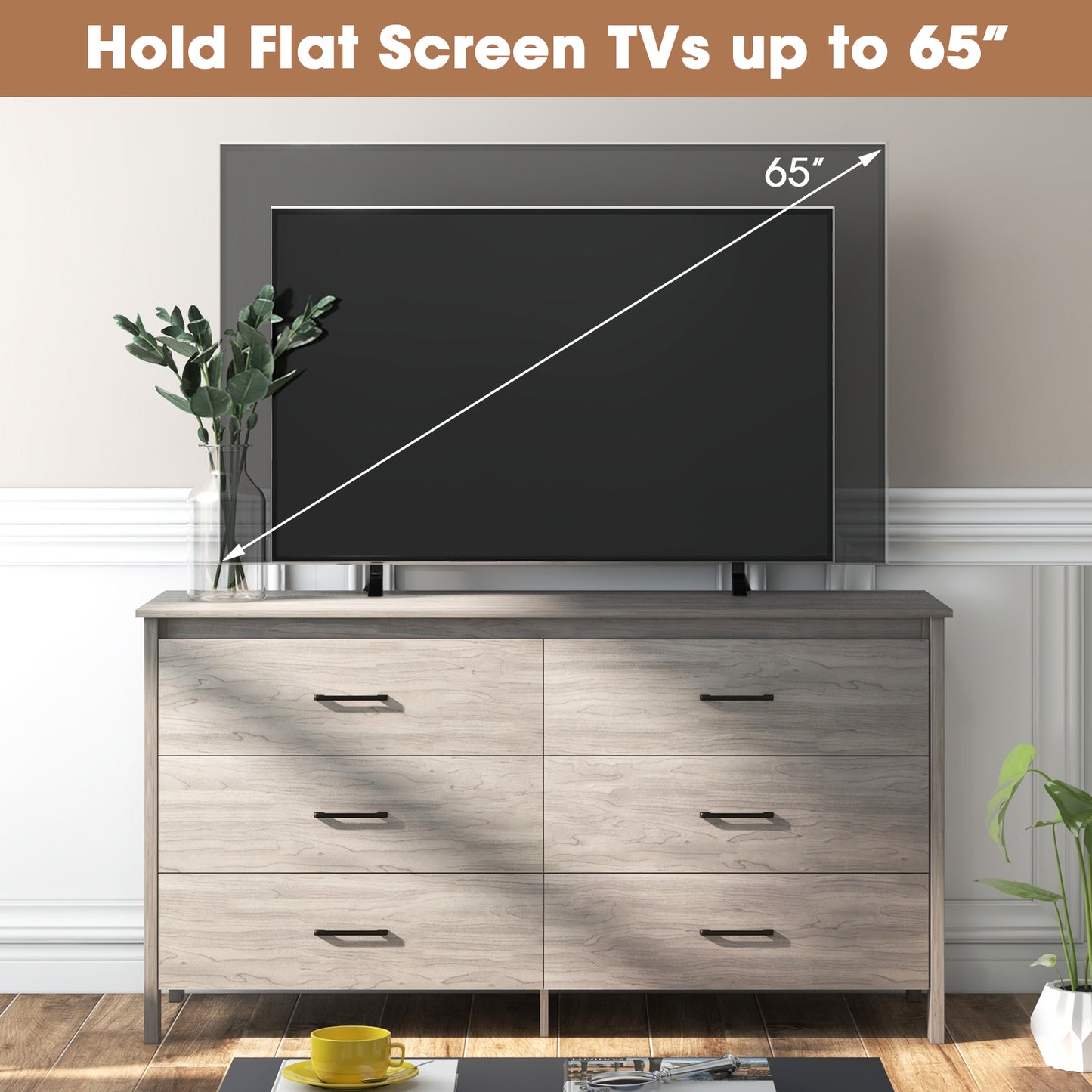 6-Drawer Wide Dresser Chest with Center Support and Anti-tip Kit-Gray Kids Crystal