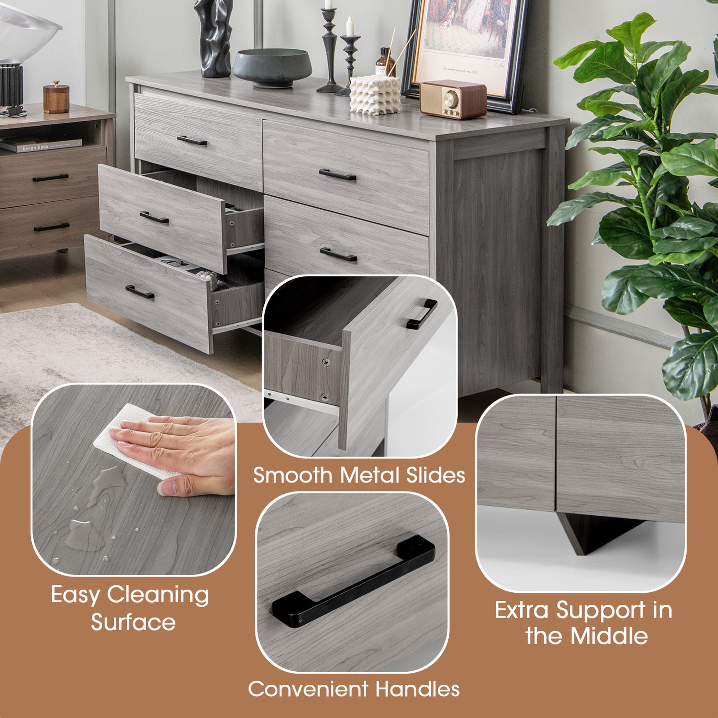 6-Drawer Wide Dresser Chest with Center Support and Anti-tip Kit-Gray Kids Crystal