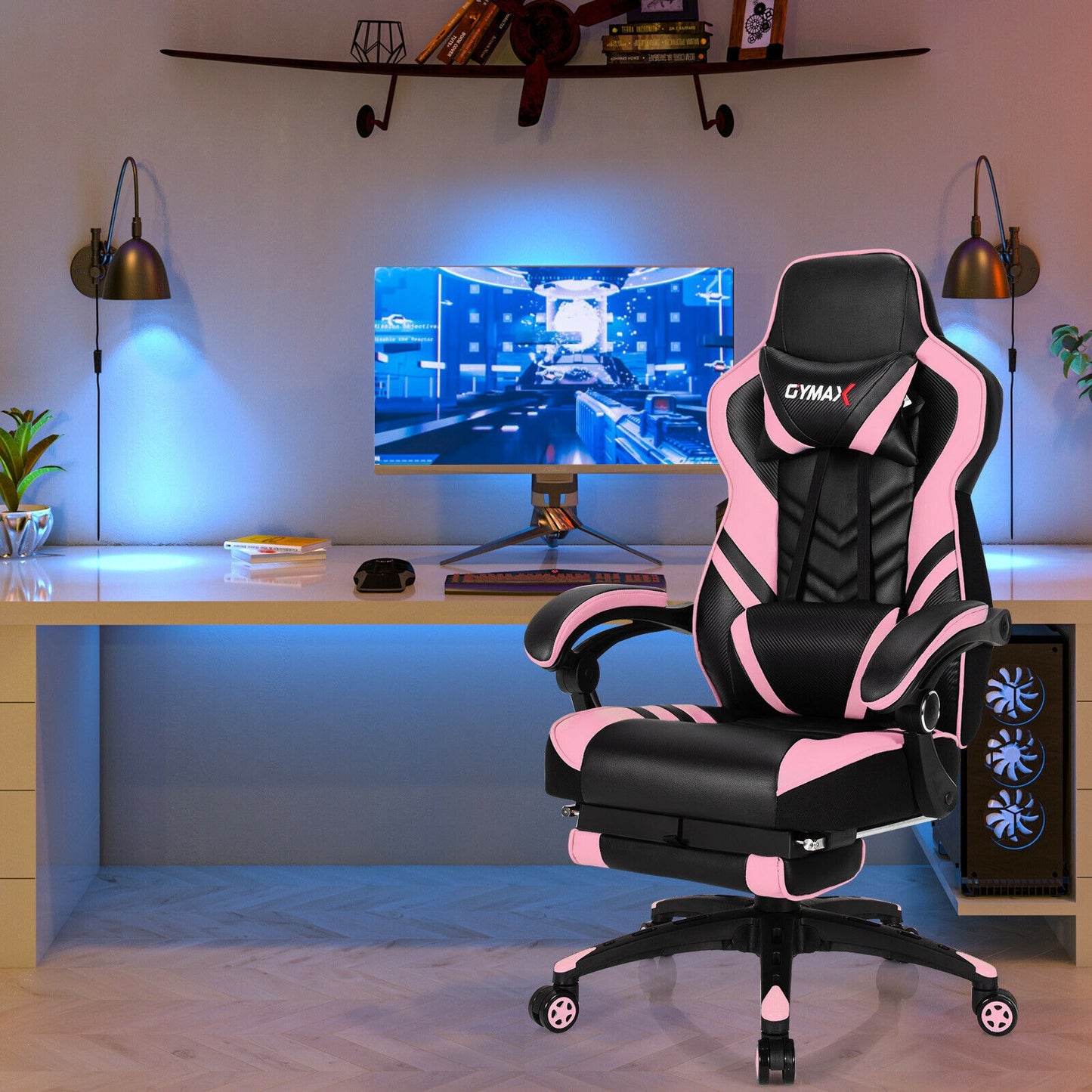 Adjustable Gaming Chair with Footrest for Home Office-Pink Kids Crystal