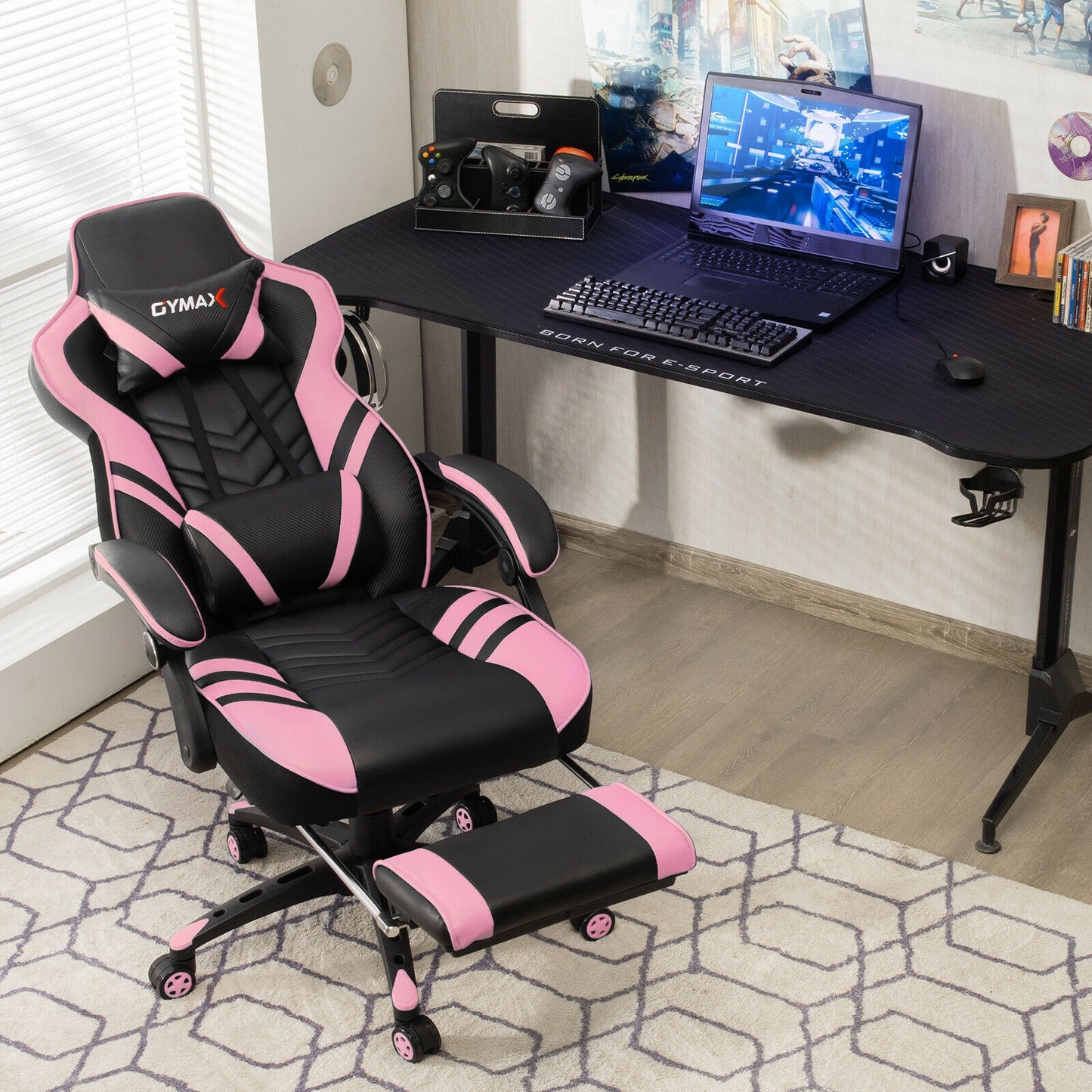 Adjustable Gaming Chair with Footrest for Home Office-Pink Kids Crystal