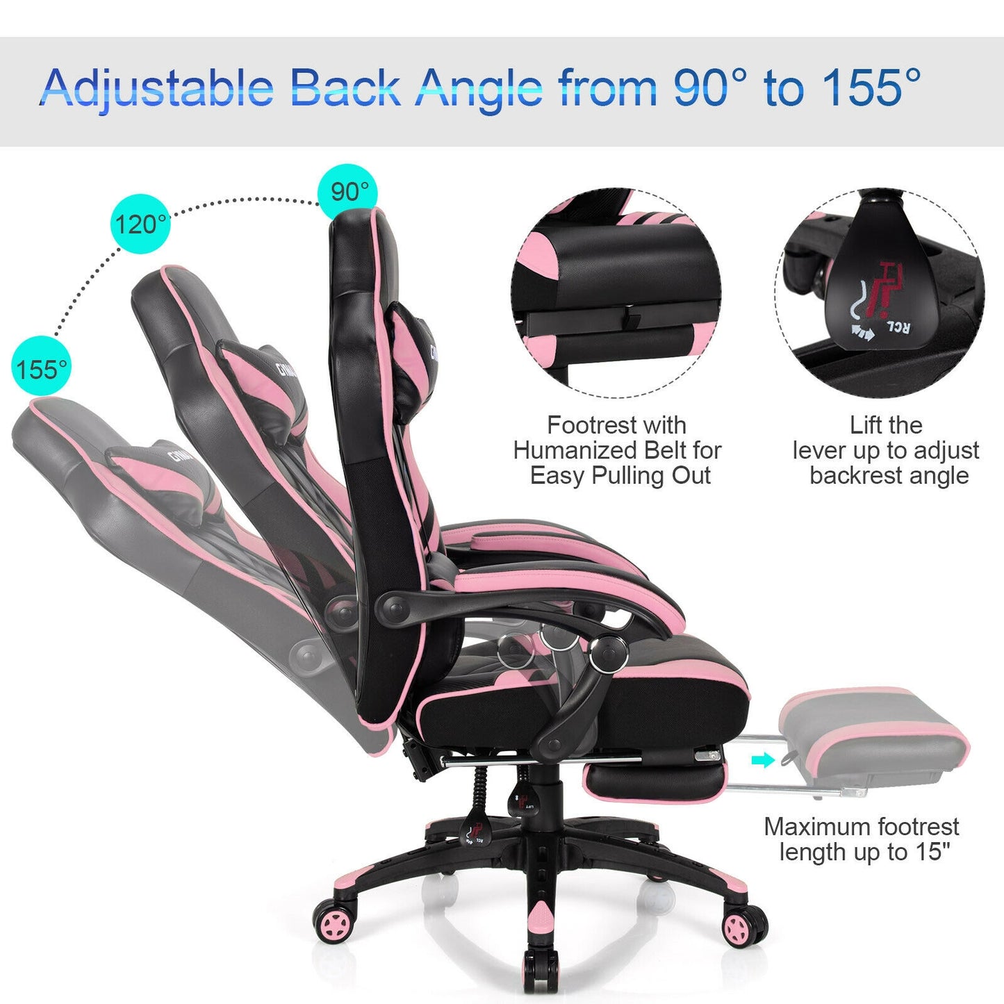 Adjustable Gaming Chair with Footrest for Home Office-Pink Kids Crystal