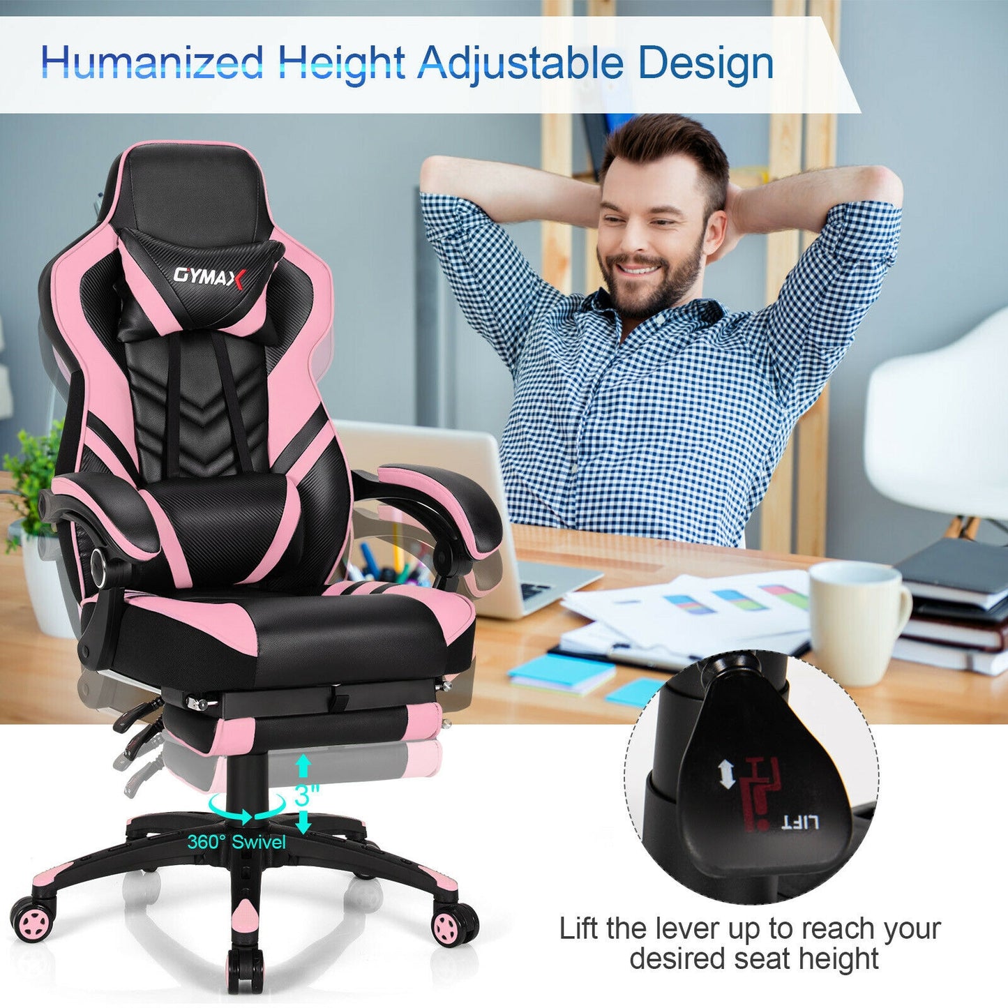 Adjustable Gaming Chair with Footrest for Home Office-Pink Kids Crystal