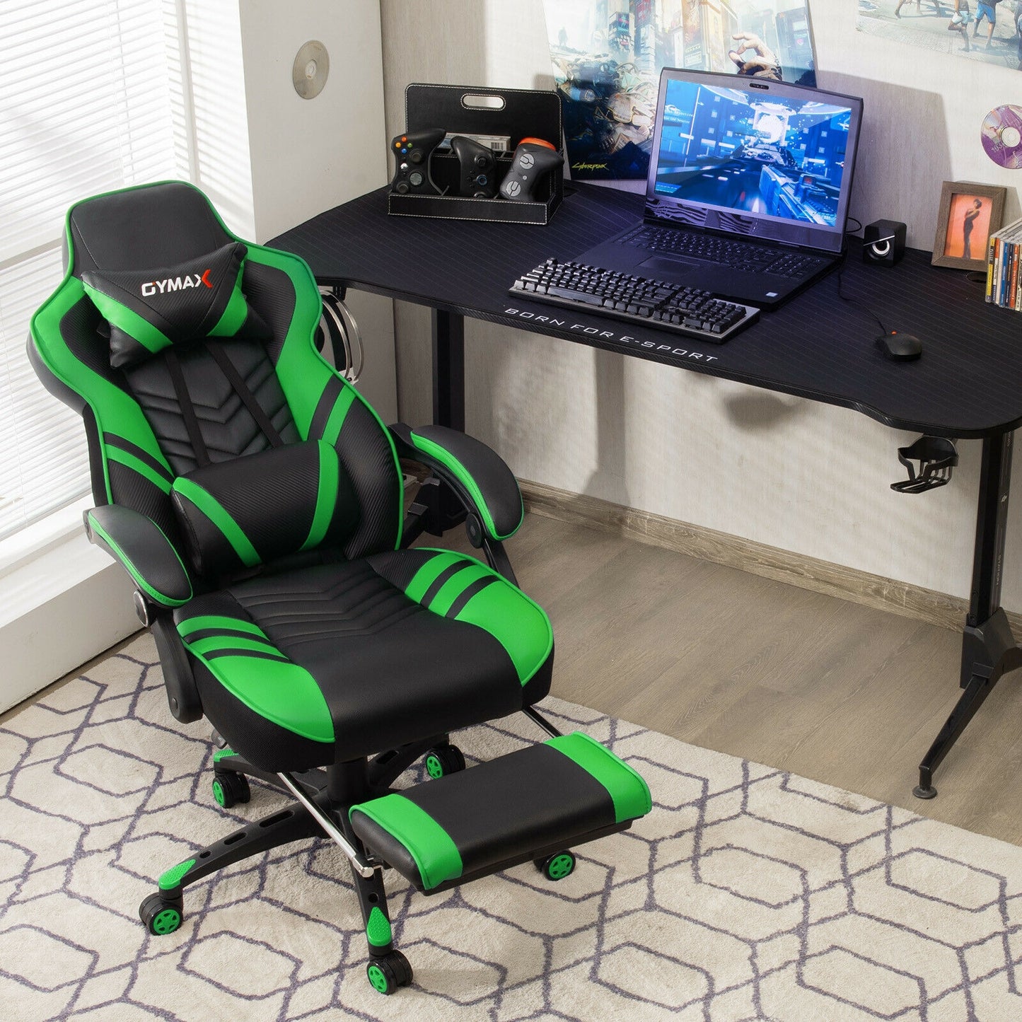 Adjustable Gaming Chair with Footrest for Home Office-Green Kids Crystal