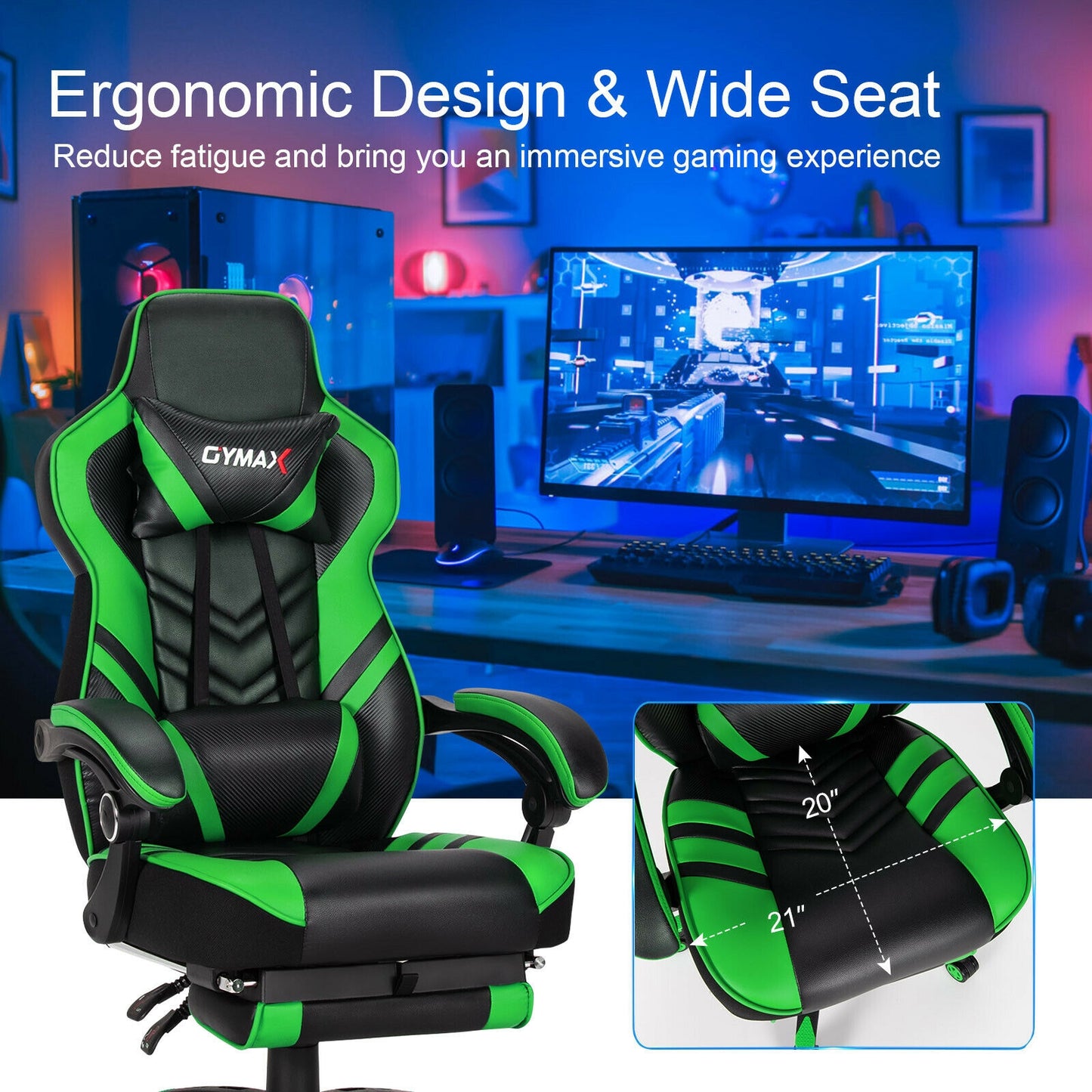 Adjustable Gaming Chair with Footrest for Home Office-Green Kids Crystal