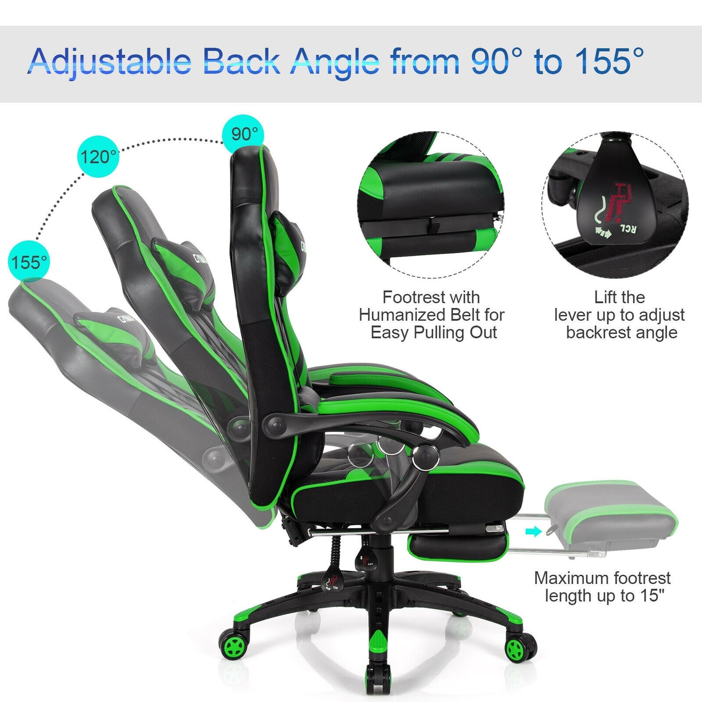 Adjustable Gaming Chair with Footrest for Home Office-Green Kids Crystal