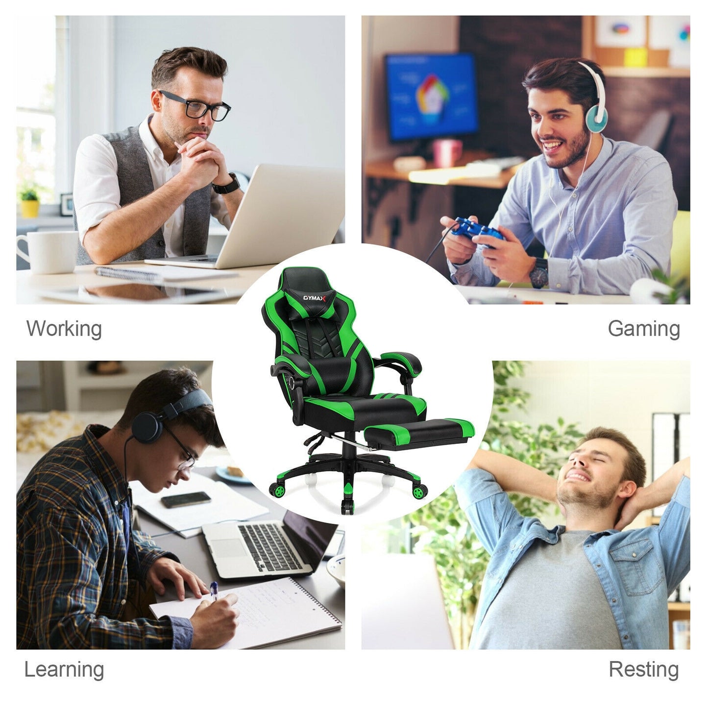 Adjustable Gaming Chair with Footrest for Home Office-Green Kids Crystal