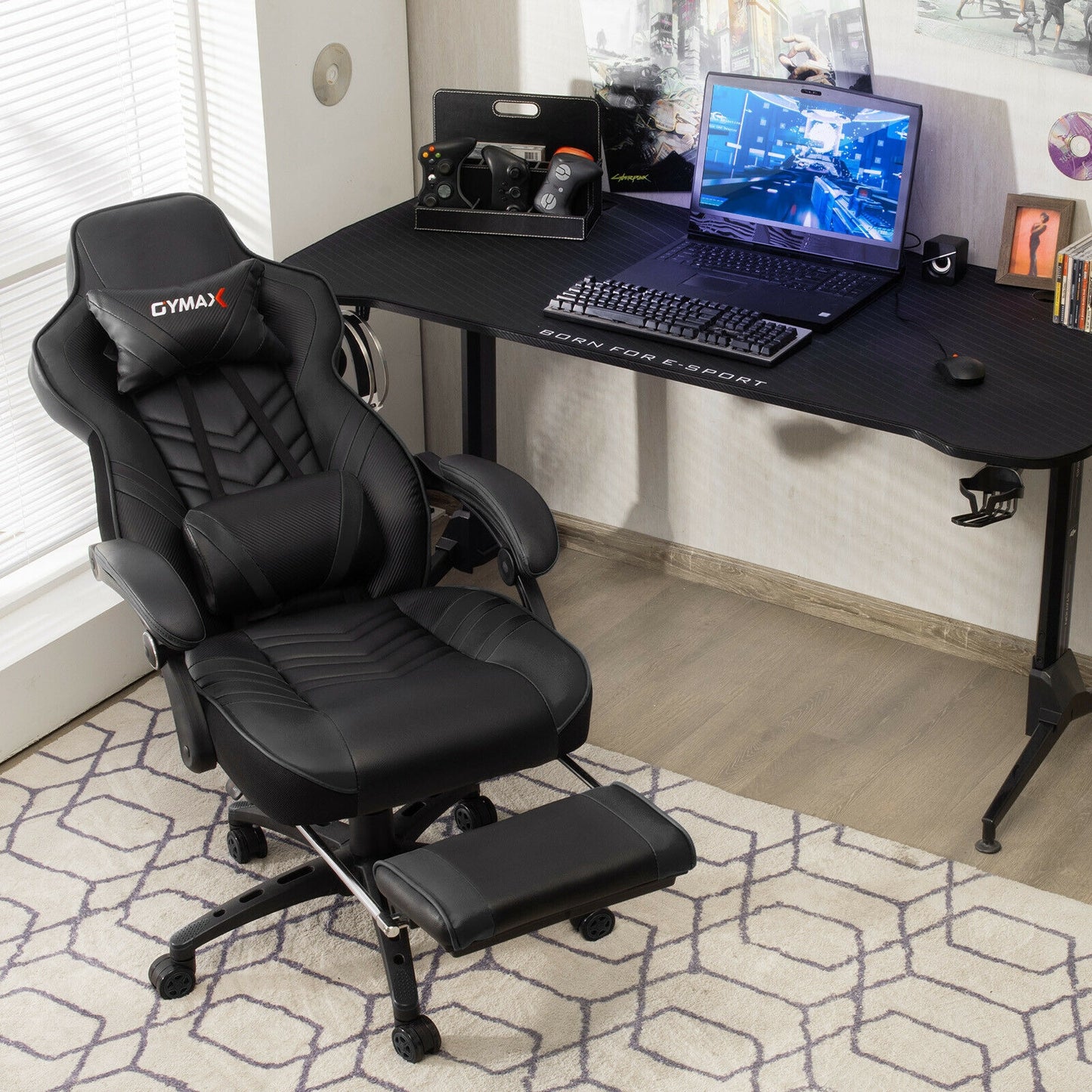 Adjustable Gaming Chair with Footrest for Home Office-Black Kids Crystal