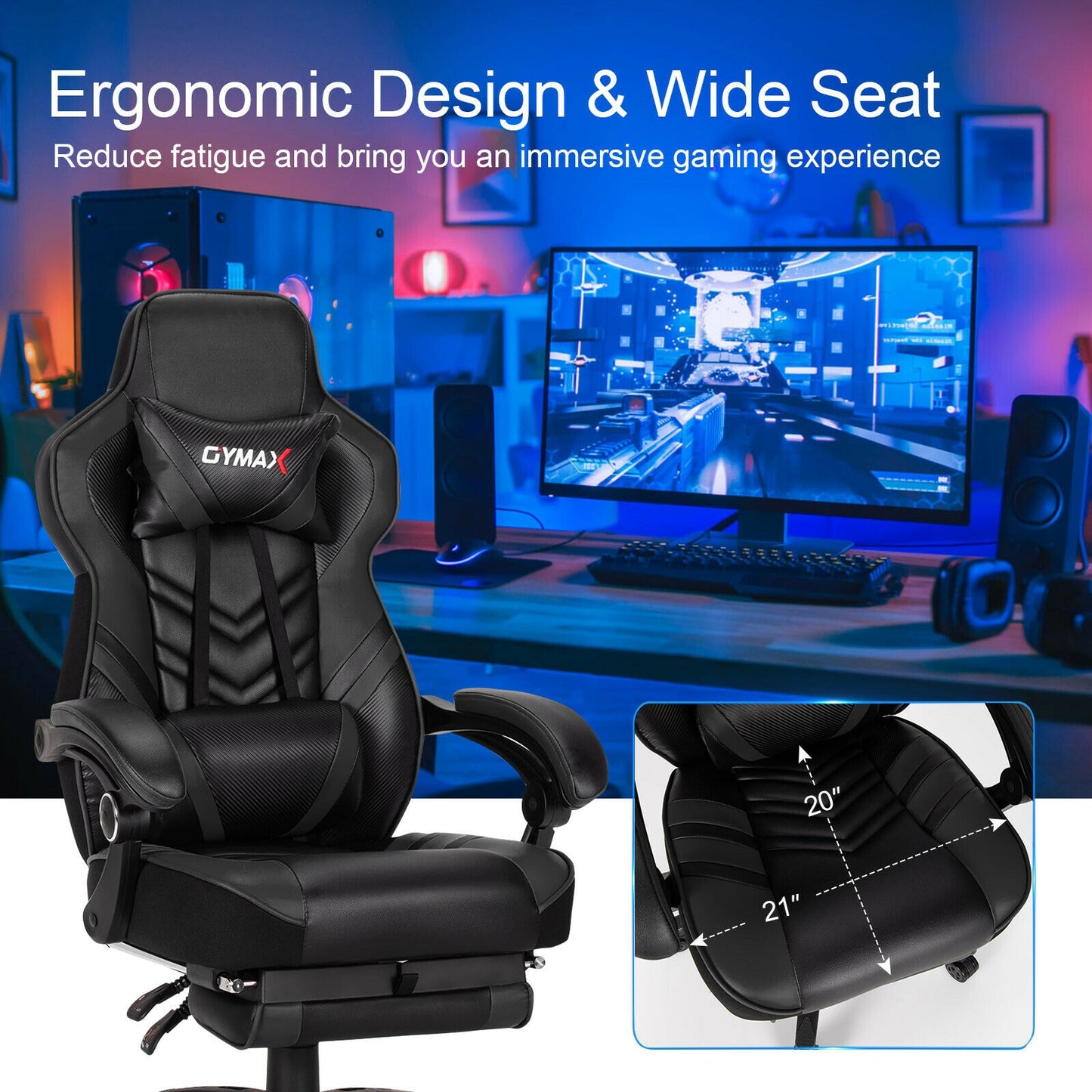 Adjustable Gaming Chair with Footrest for Home Office-Black Kids Crystal