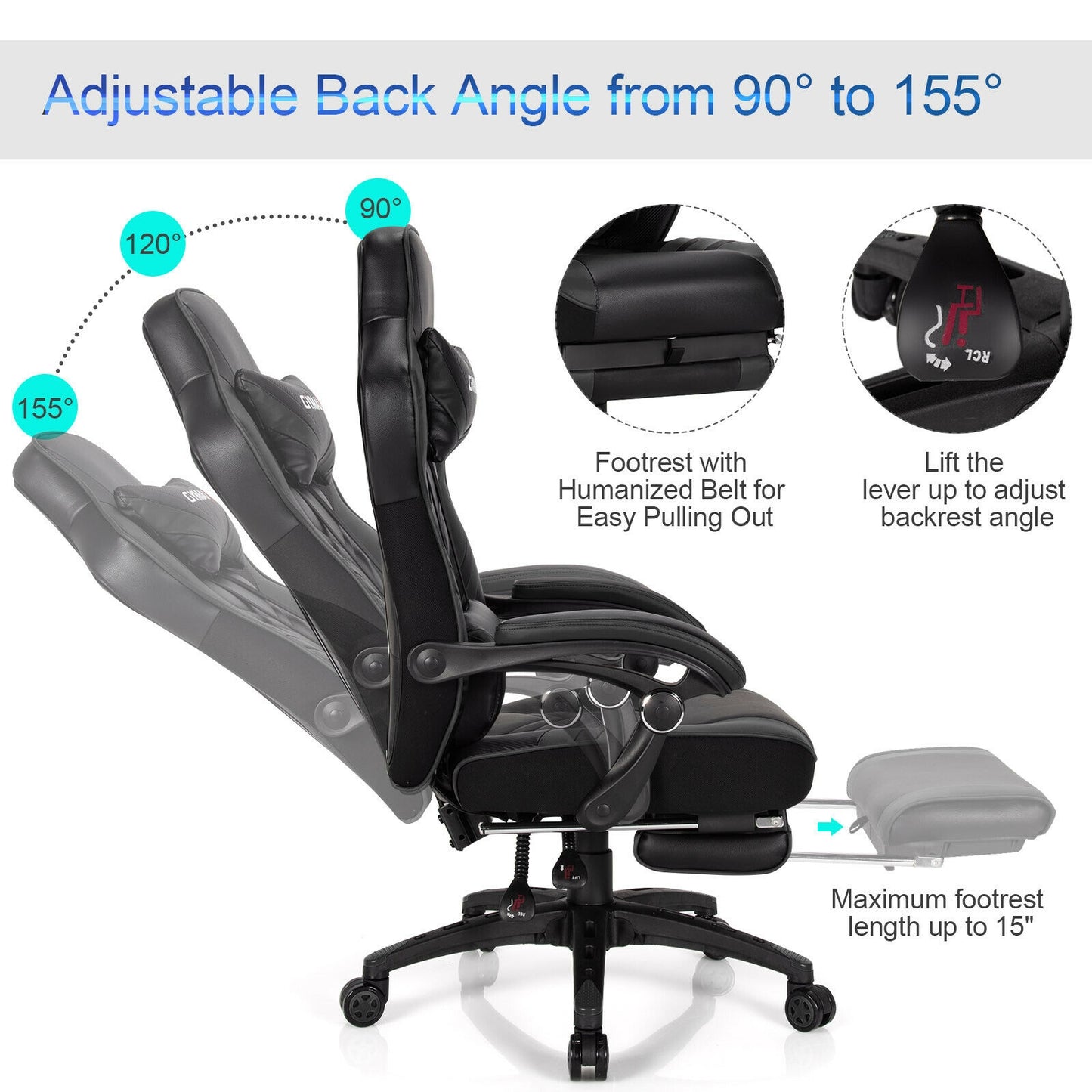 Adjustable Gaming Chair with Footrest for Home Office-Black Kids Crystal