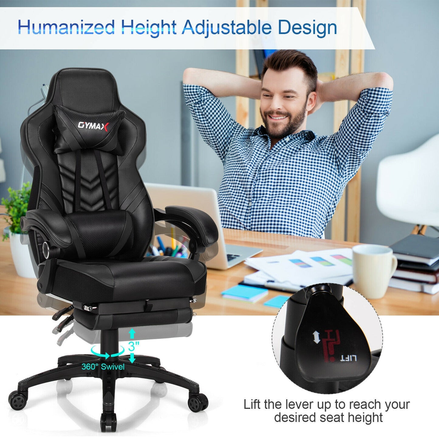 Adjustable Gaming Chair with Footrest for Home Office-Black Kids Crystal
