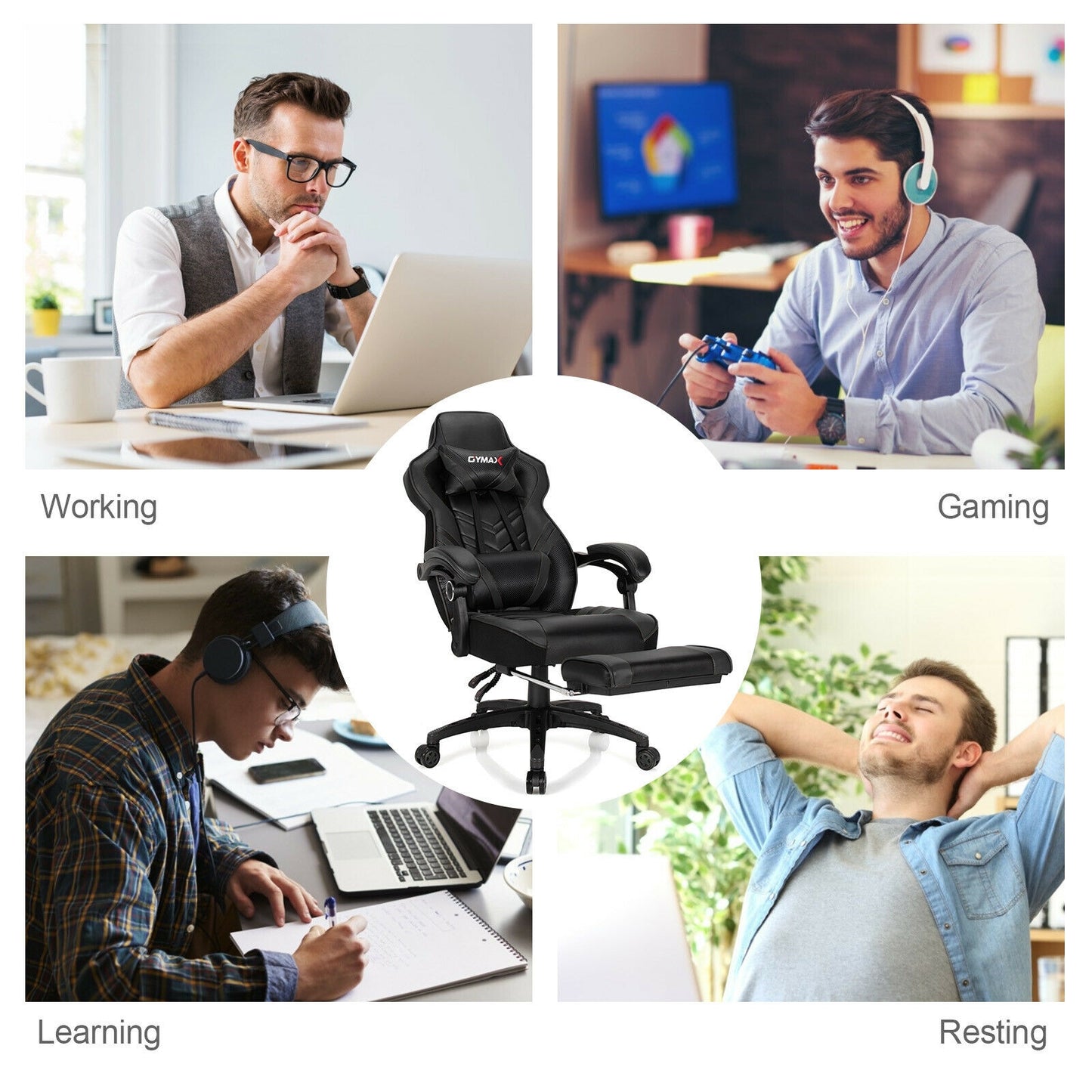 Adjustable Gaming Chair with Footrest for Home Office-Black Kids Crystal