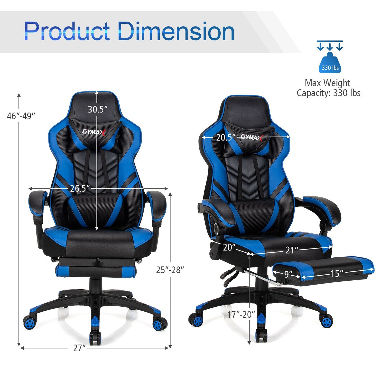 Adjustable Gaming Chair with Footrest for Home Office-Blue Kids Crystal
