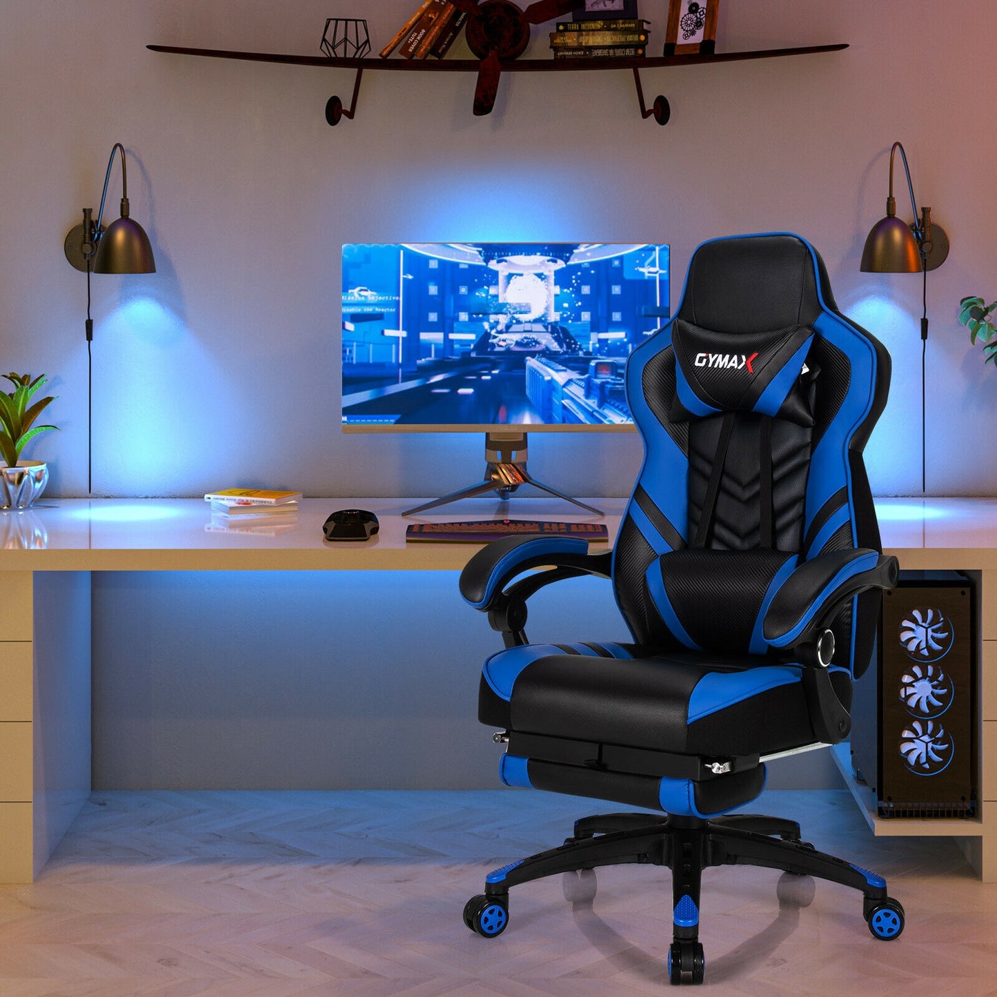 Adjustable Gaming Chair with Footrest for Home Office-Blue Kids Crystal