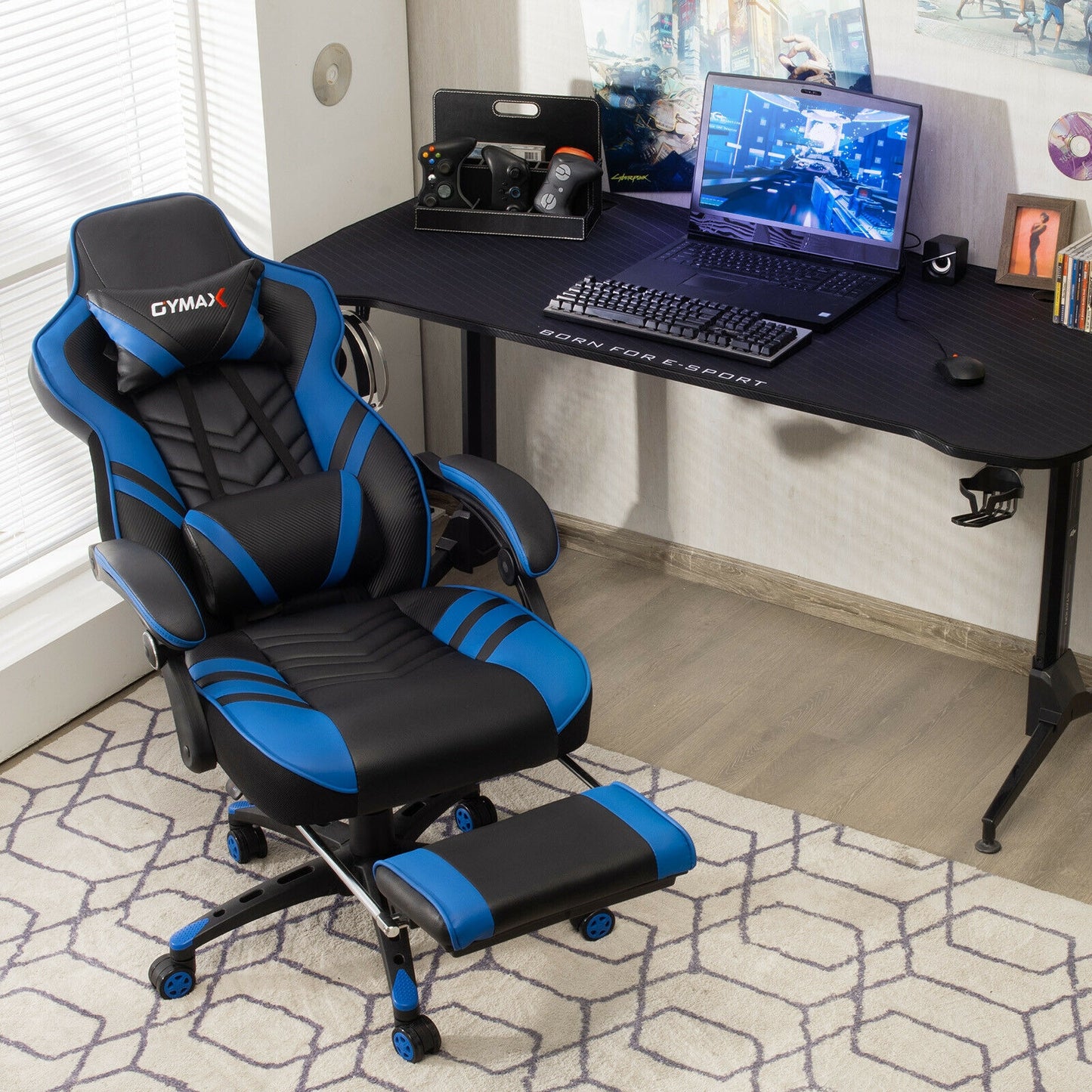 Adjustable Gaming Chair with Footrest for Home Office-Blue Kids Crystal