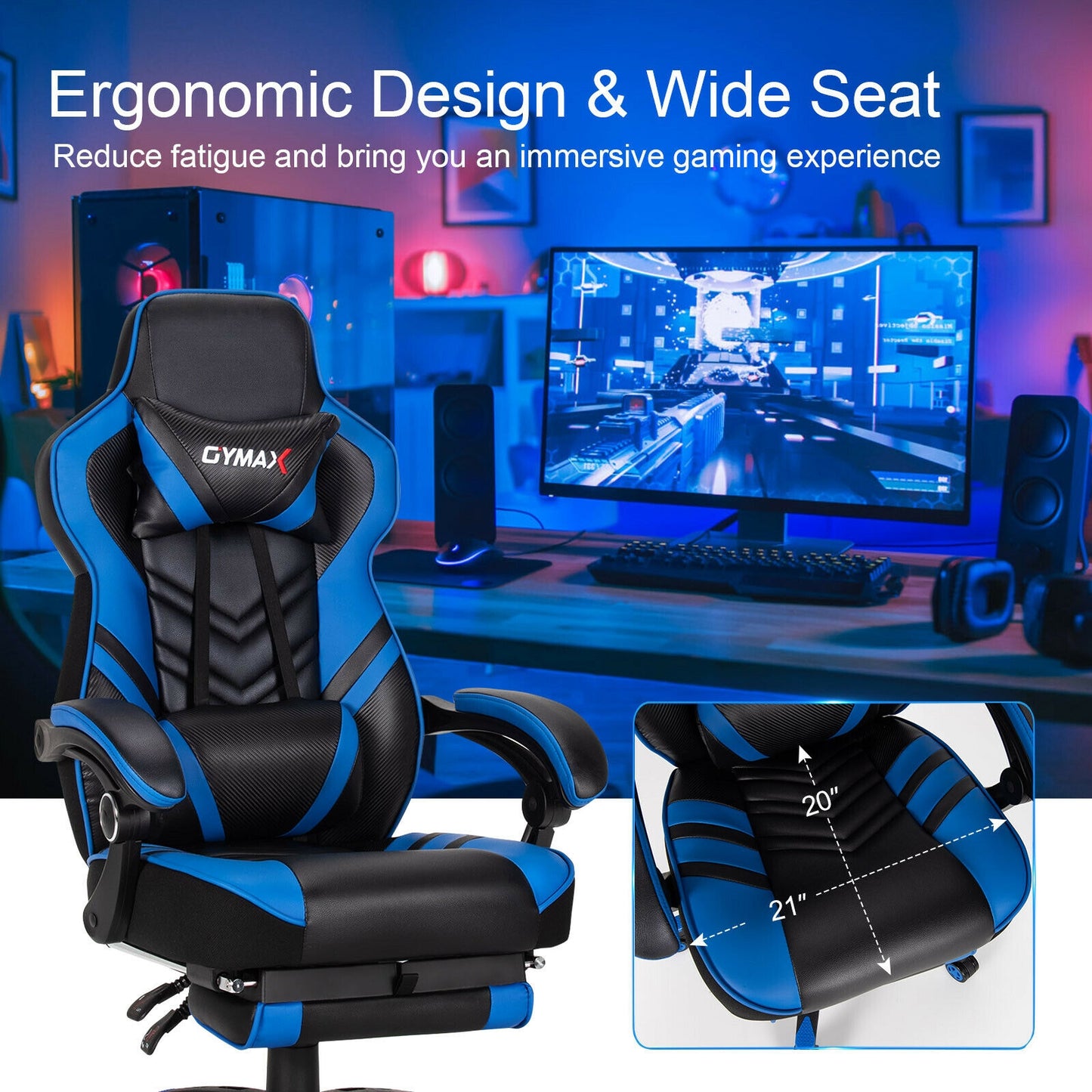 Adjustable Gaming Chair with Footrest for Home Office-Blue Kids Crystal