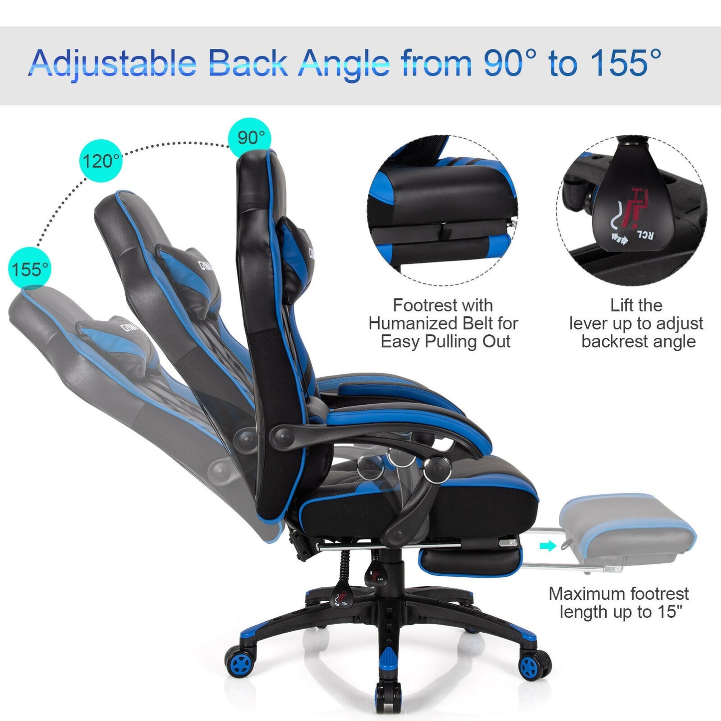 Adjustable Gaming Chair with Footrest for Home Office-Blue Kids Crystal