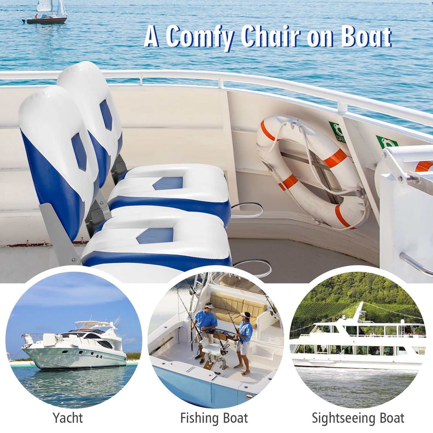 Set of 2 Folding Low Back Fishing Boat Seat with Stainless Steel Screws-Blue Kids Crystal
