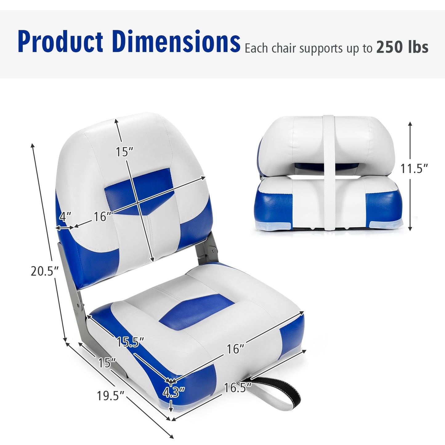 Set of 2 Folding Low Back Fishing Boat Seat with Stainless Steel Screws-Blue Kids Crystal