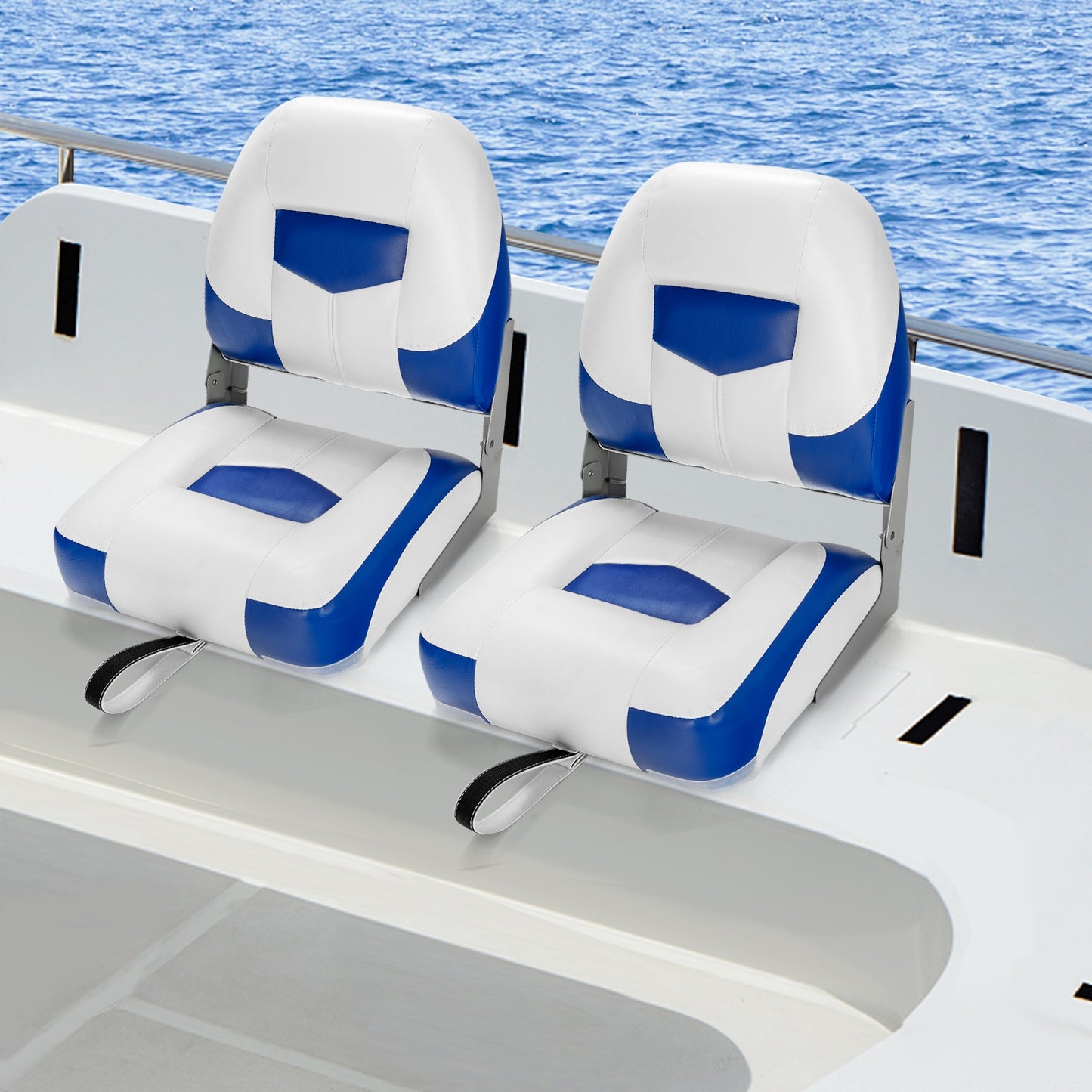 Set of 2 Folding Low Back Fishing Boat Seat with Stainless Steel Screws-Blue Kids Crystal