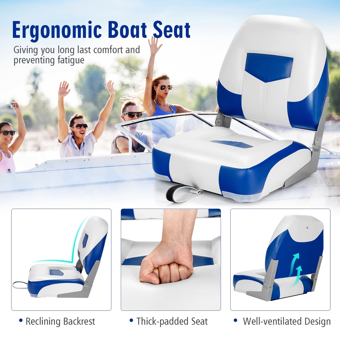 Set of 2 Folding Low Back Fishing Boat Seat with Stainless Steel Screws-Blue Kids Crystal
