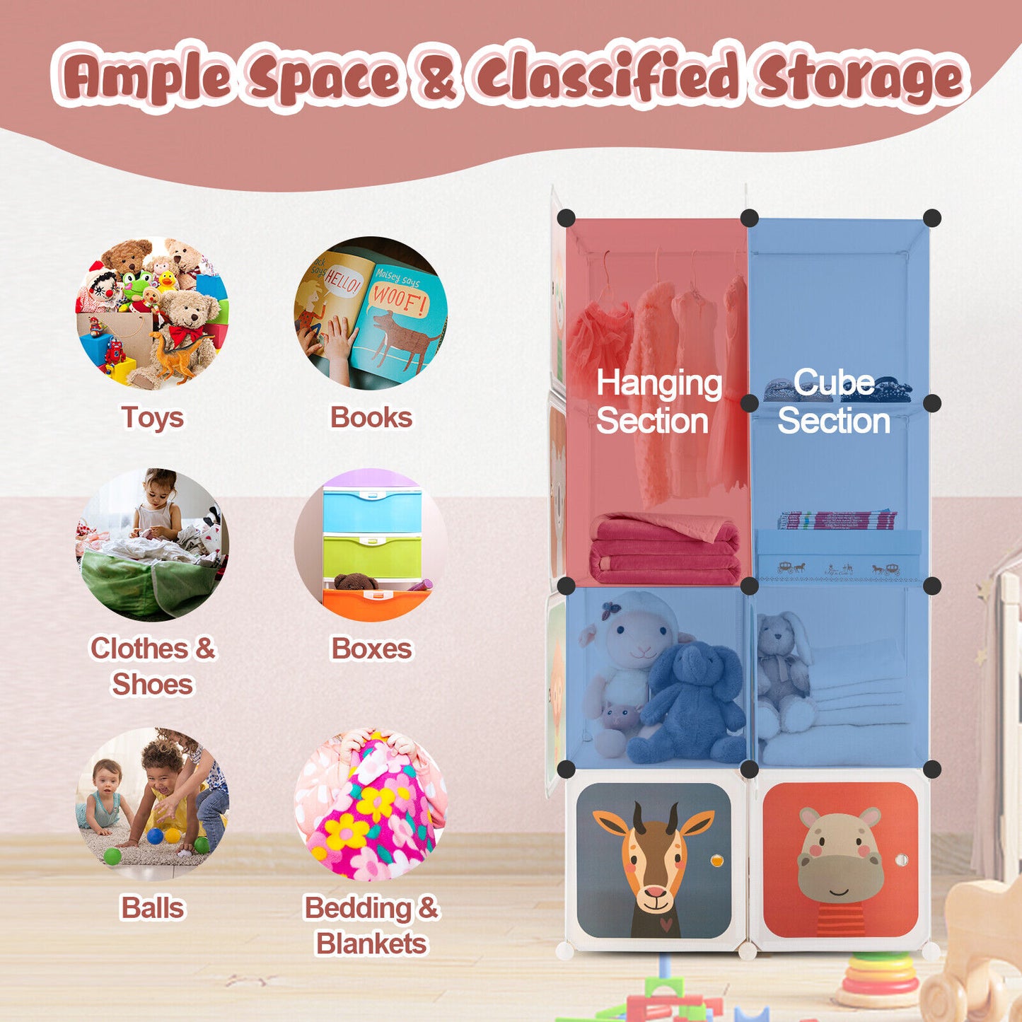 8 Cube Kids Wardrobe Closet with Hanging Section and Doors-8 Cubes Kids Crystal