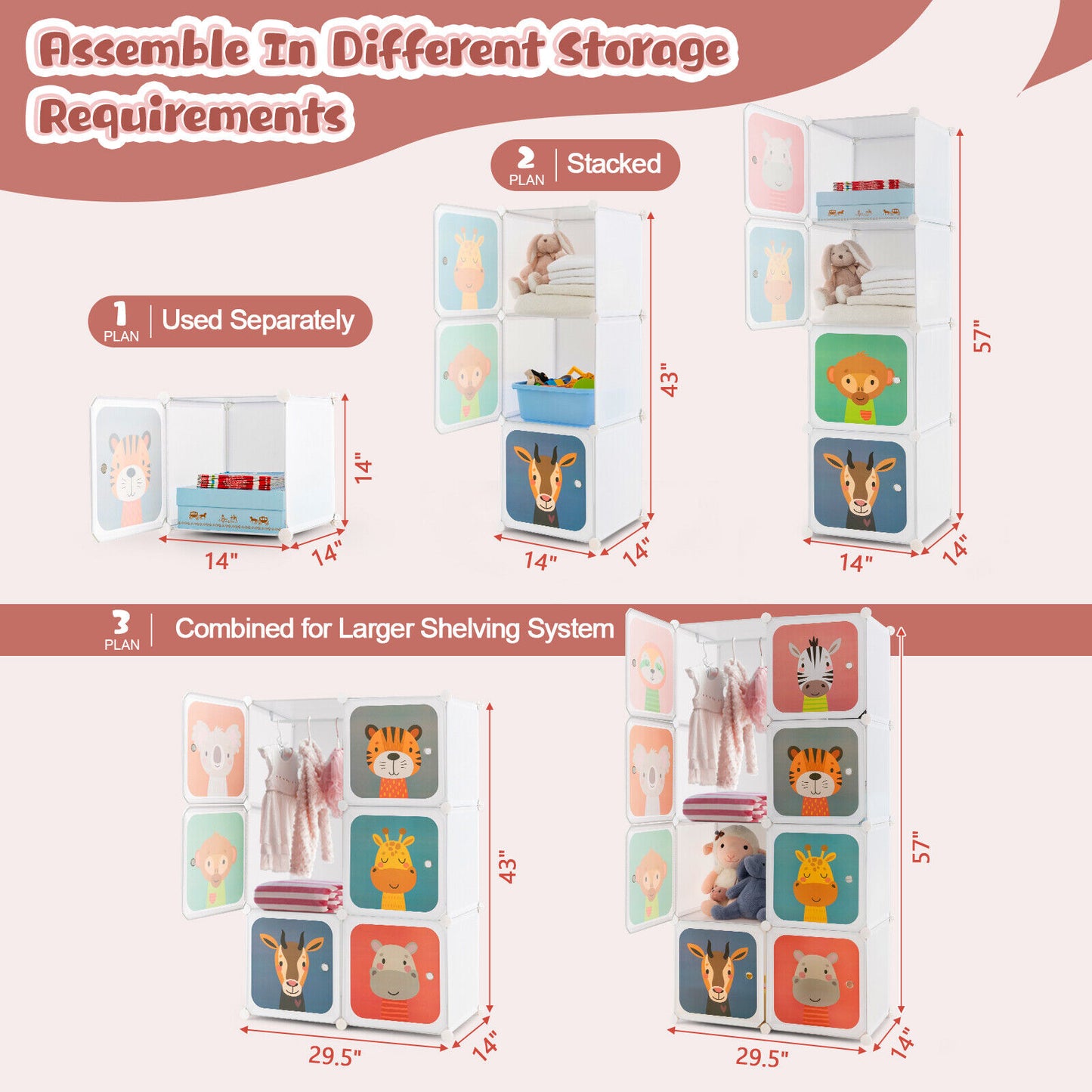 8 Cube Kids Wardrobe Closet with Hanging Section and Doors-8 Cubes Kids Crystal