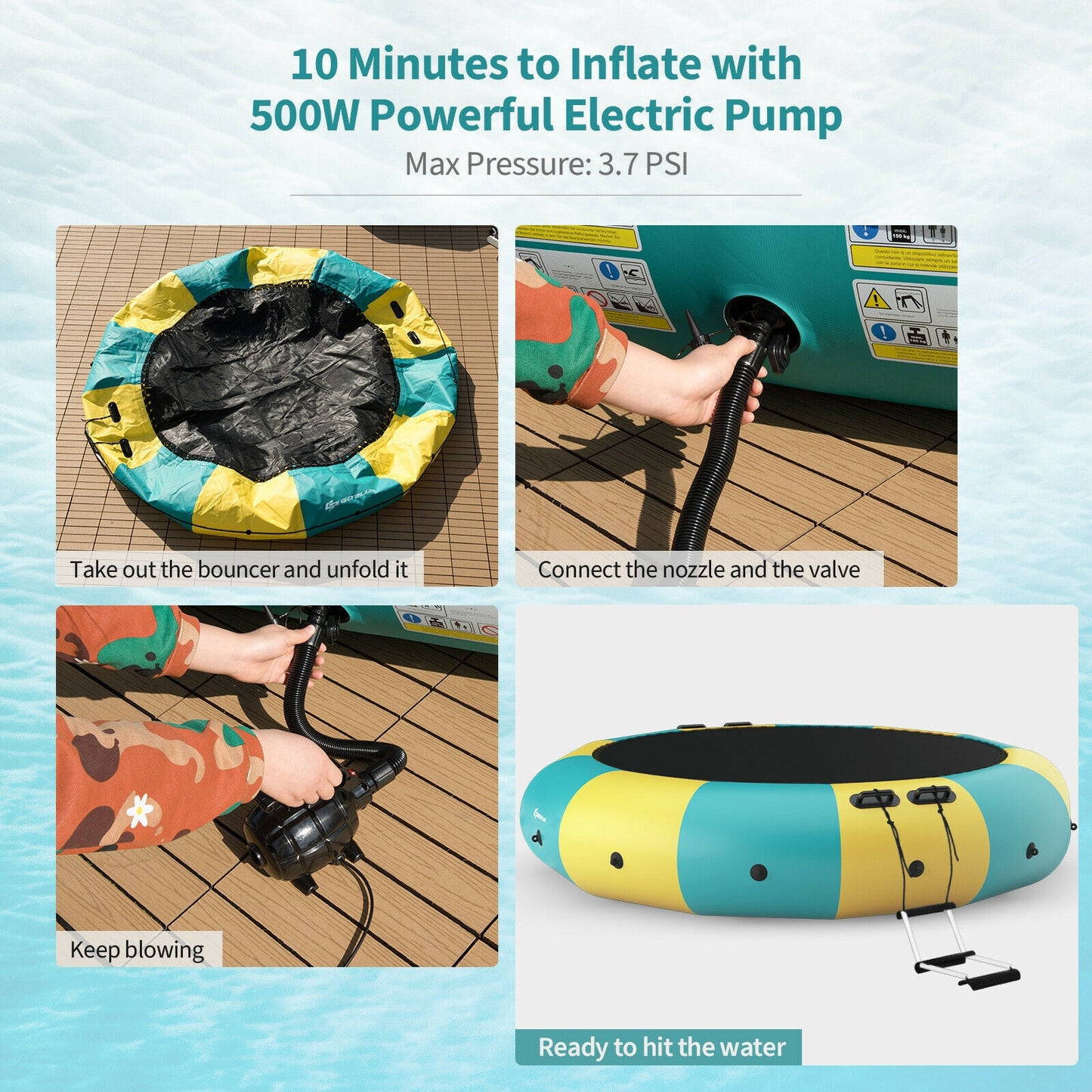 15 Feet Inflatable Splash Padded Water Bouncer Trampoline-Yellow Kids Crystal