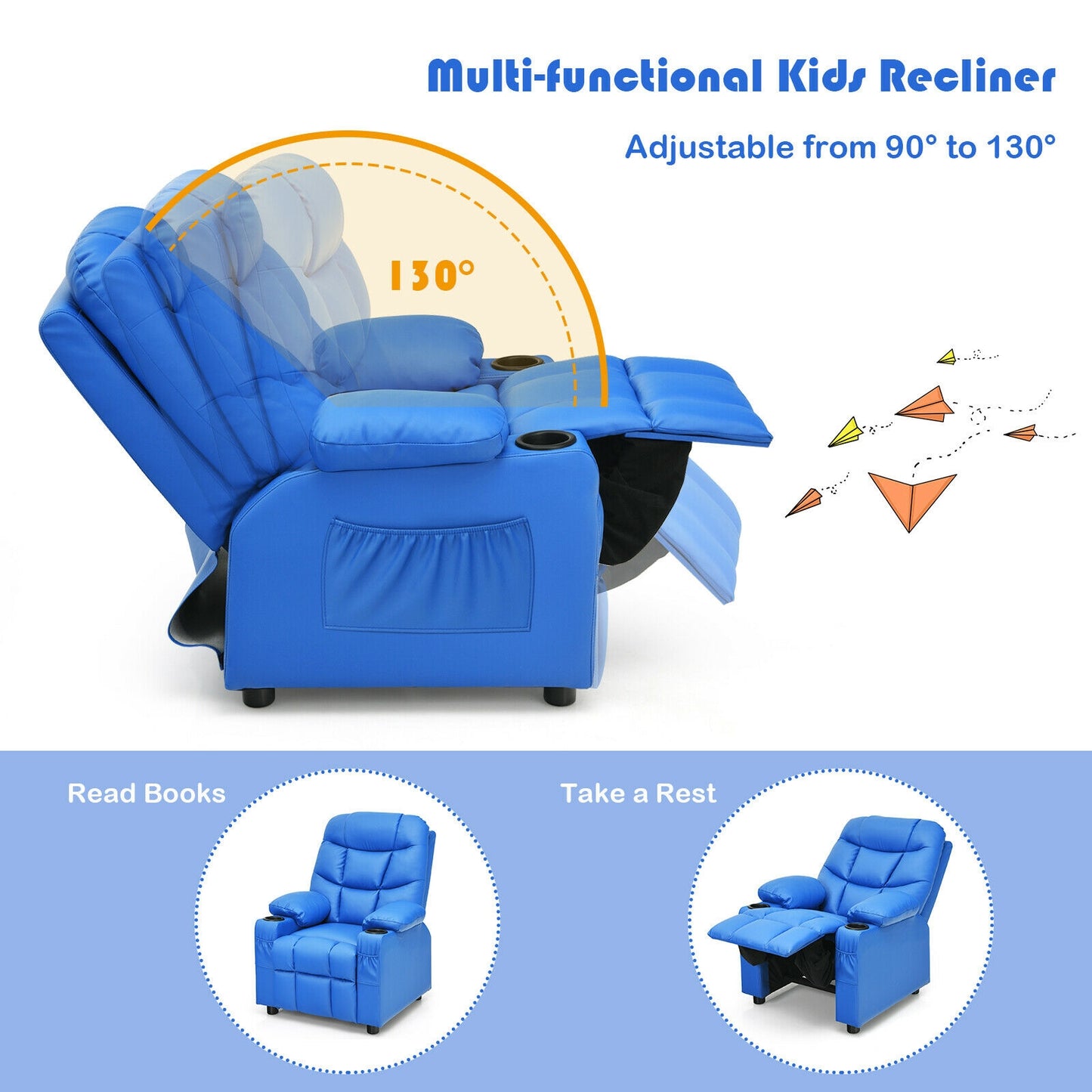 Kids Recliner Chair with Cup Holder and Footrest for Children-Blue Kids Crystal