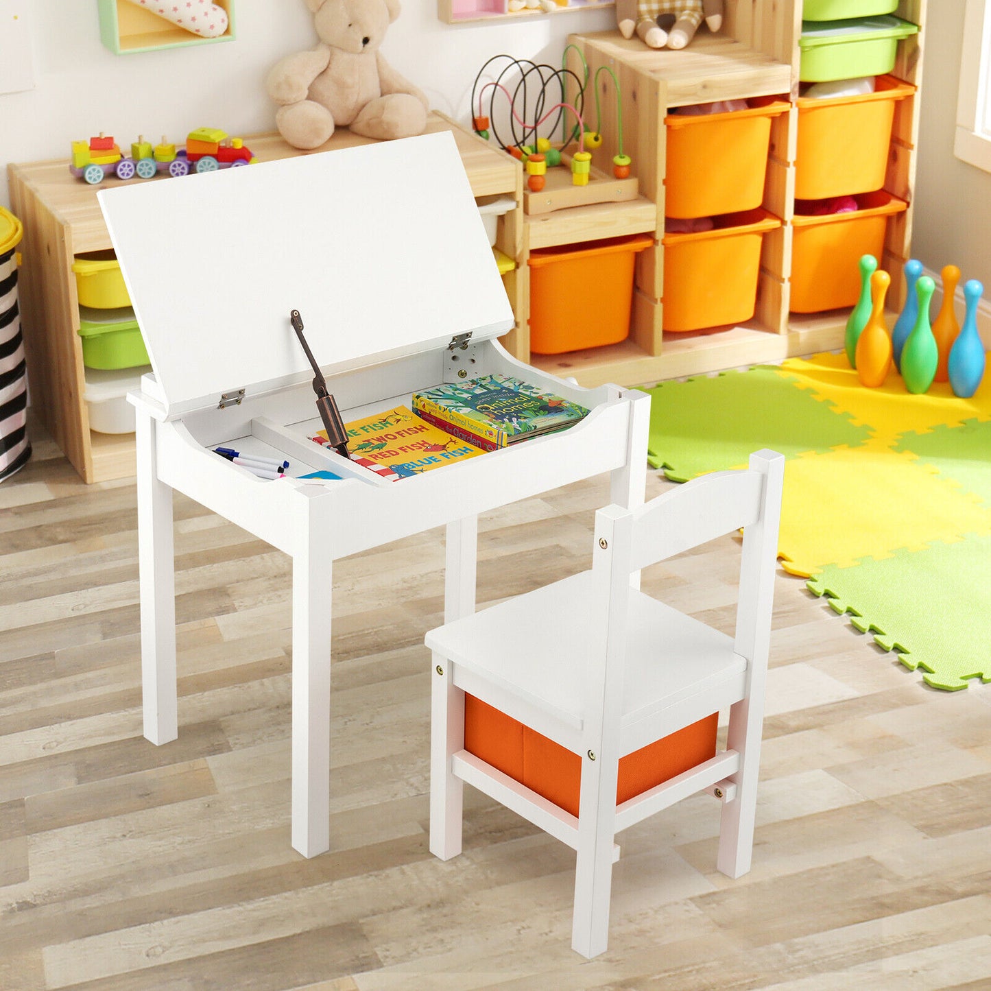 Wood Activity Kids Table and Chair Set with Storage Space-White Kids Crystal