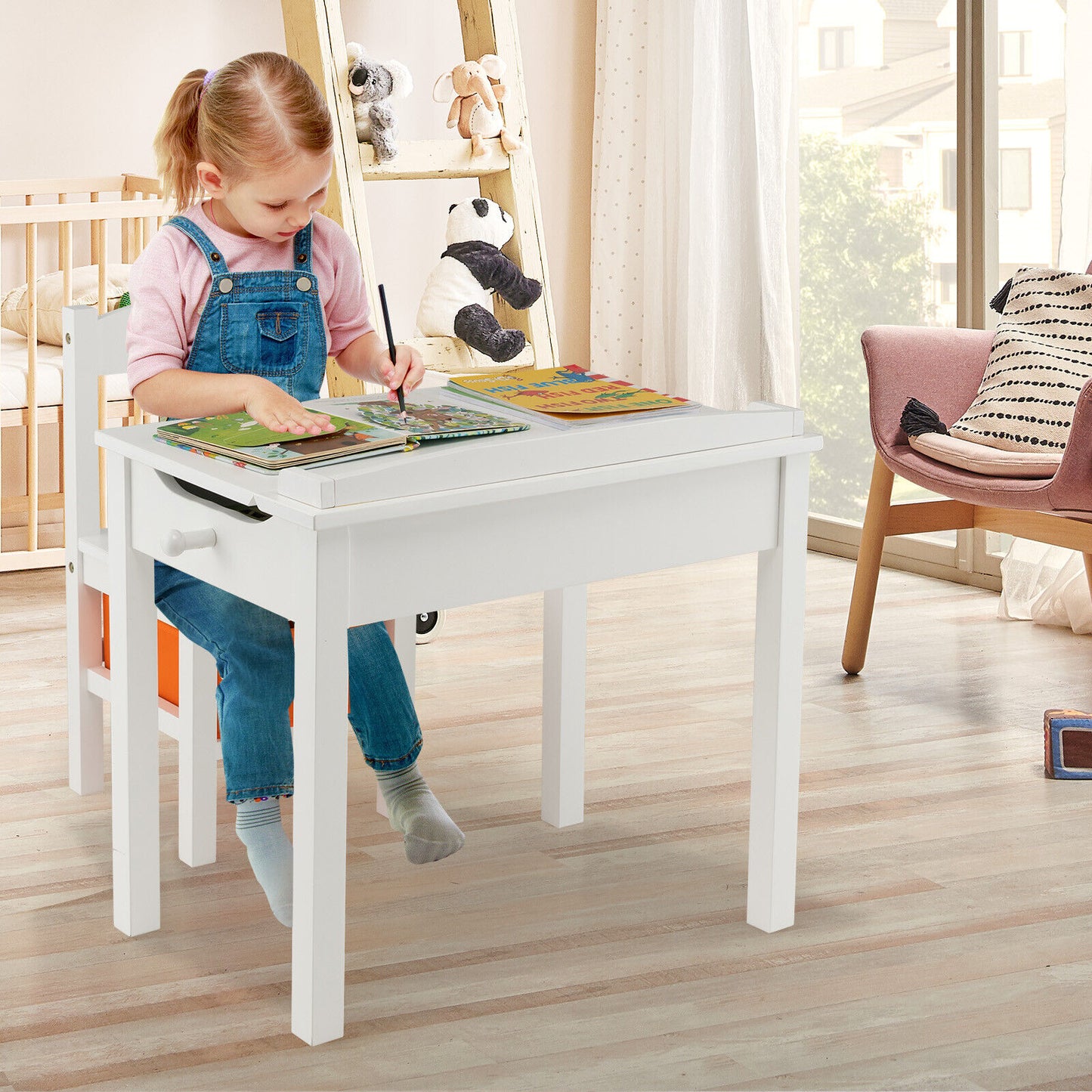 Wood Activity Kids Table and Chair Set with Storage Space-White Kids Crystal