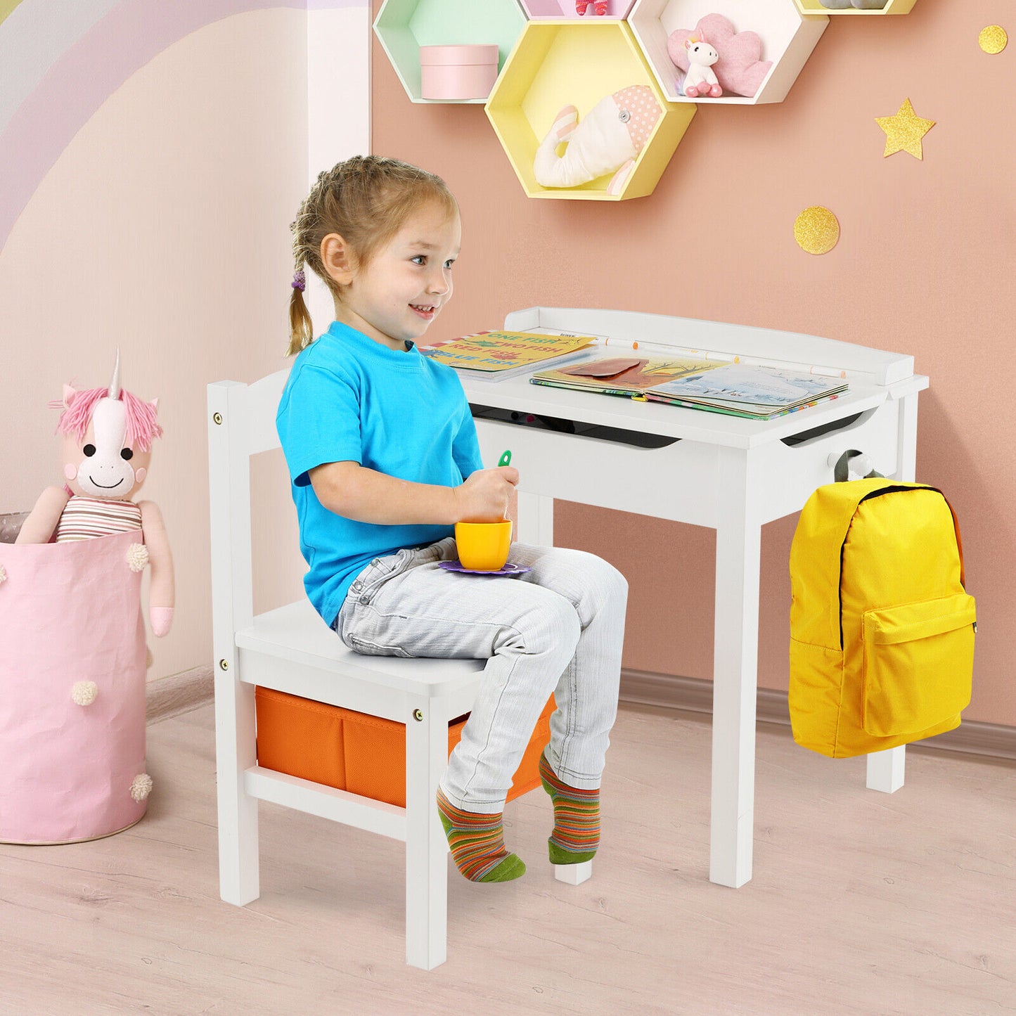 Wood Activity Kids Table and Chair Set with Storage Space-White Kids Crystal