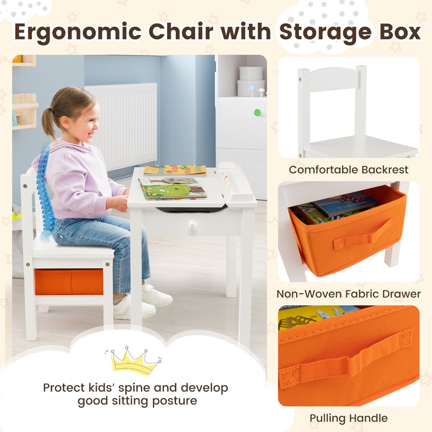 Wood Activity Kids Table and Chair Set with Storage Space-White Kids Crystal