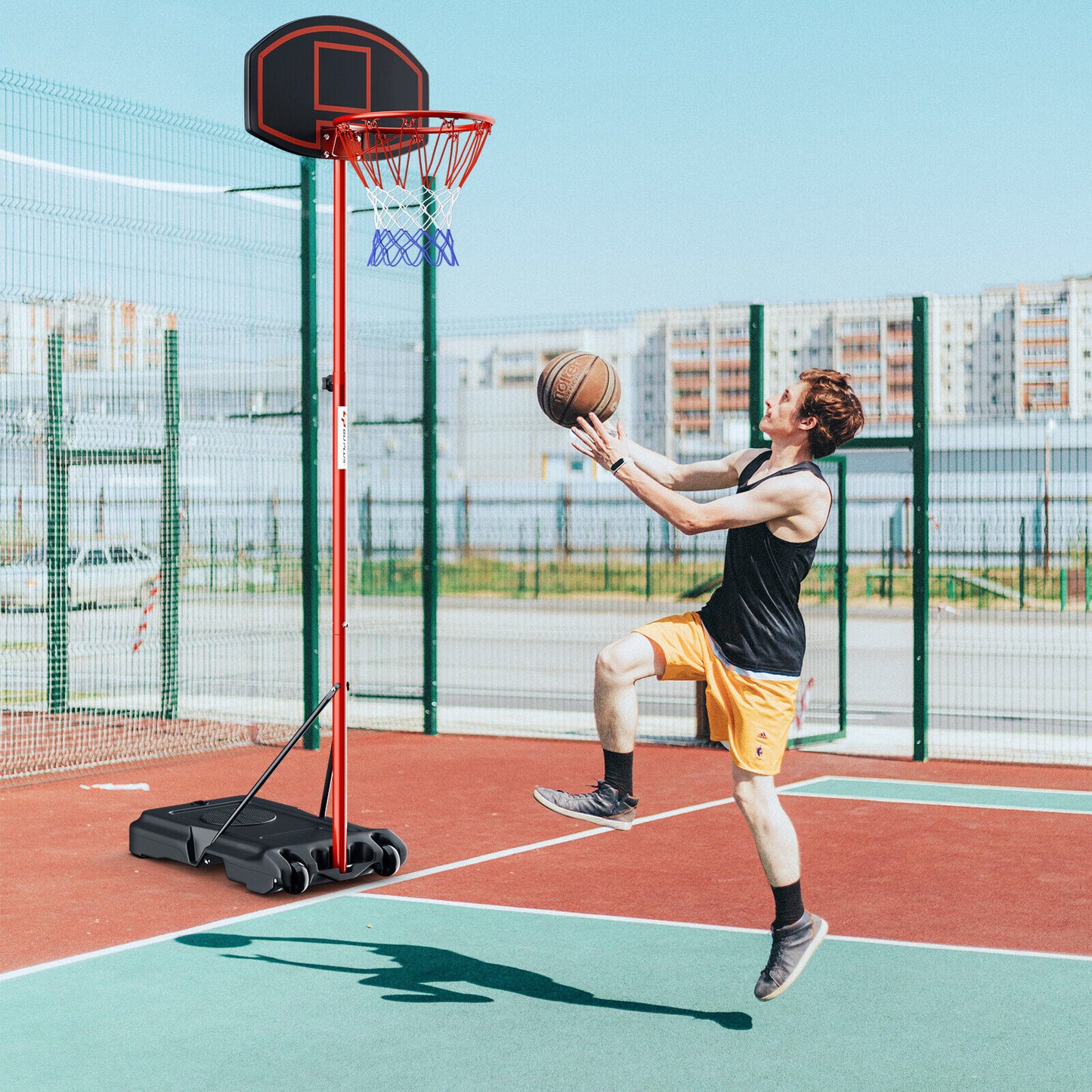 Adjustable Basketball Hoop System Stand Portable with 2 Wheels Fillable Base-Black & Red Kids Crystal