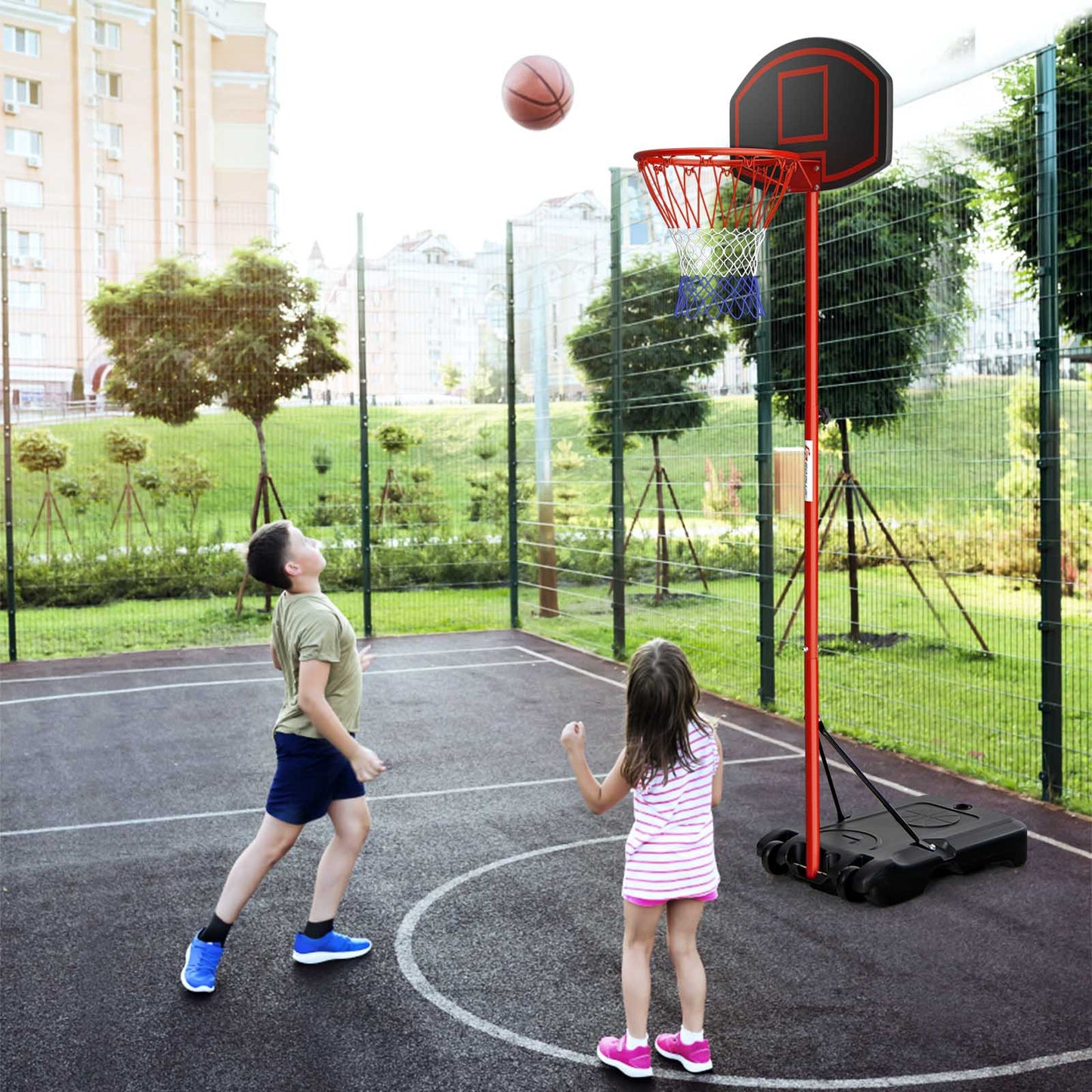 Adjustable Basketball Hoop System Stand Portable with 2 Wheels Fillable Base-Black & Red Kids Crystal