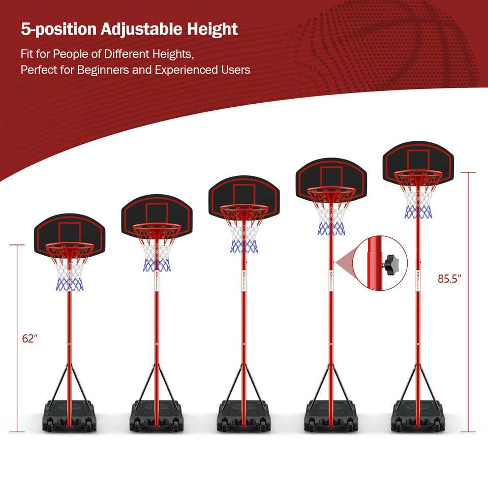 Adjustable Basketball Hoop System Stand Portable with 2 Wheels Fillable Base-Black & Red Kids Crystal