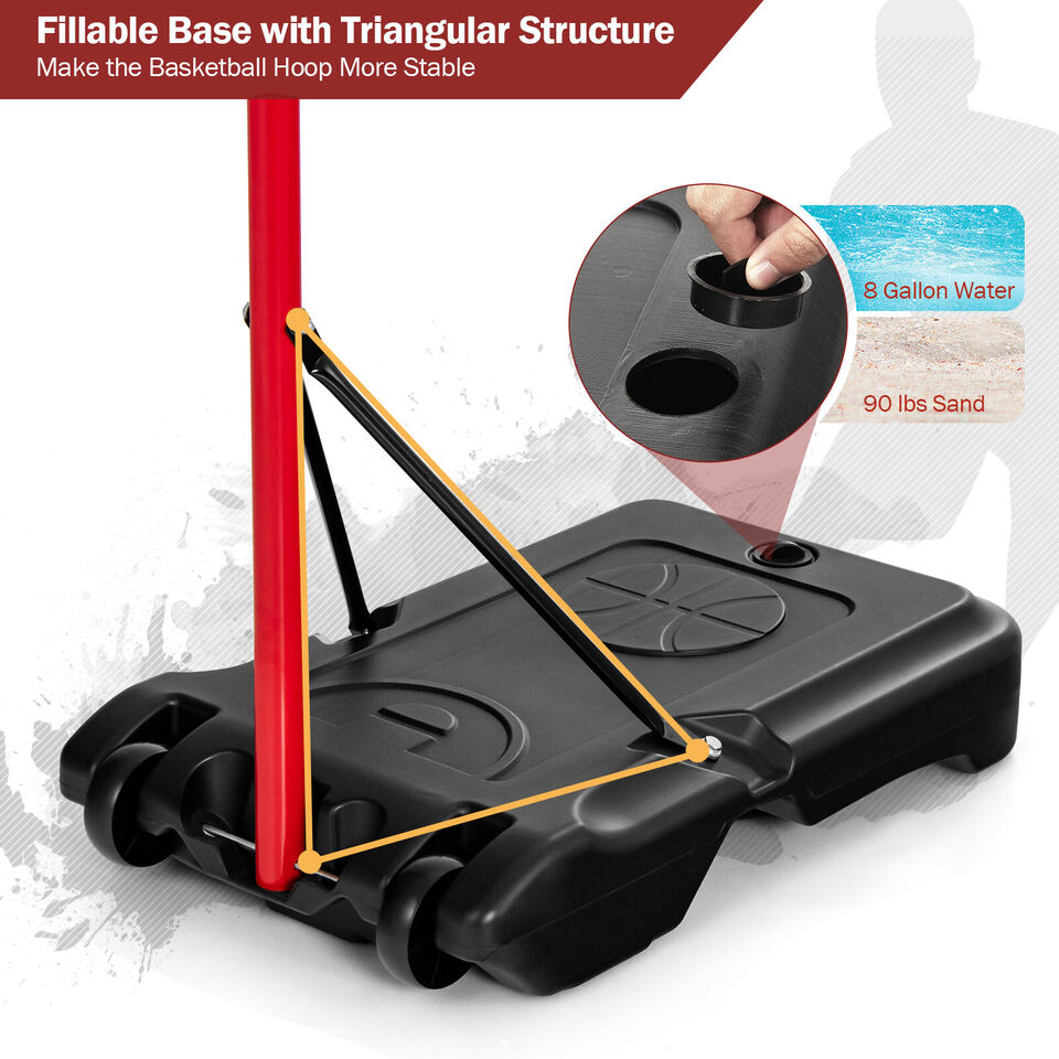 Adjustable Basketball Hoop System Stand Portable with 2 Wheels Fillable Base-Black & Red Kids Crystal