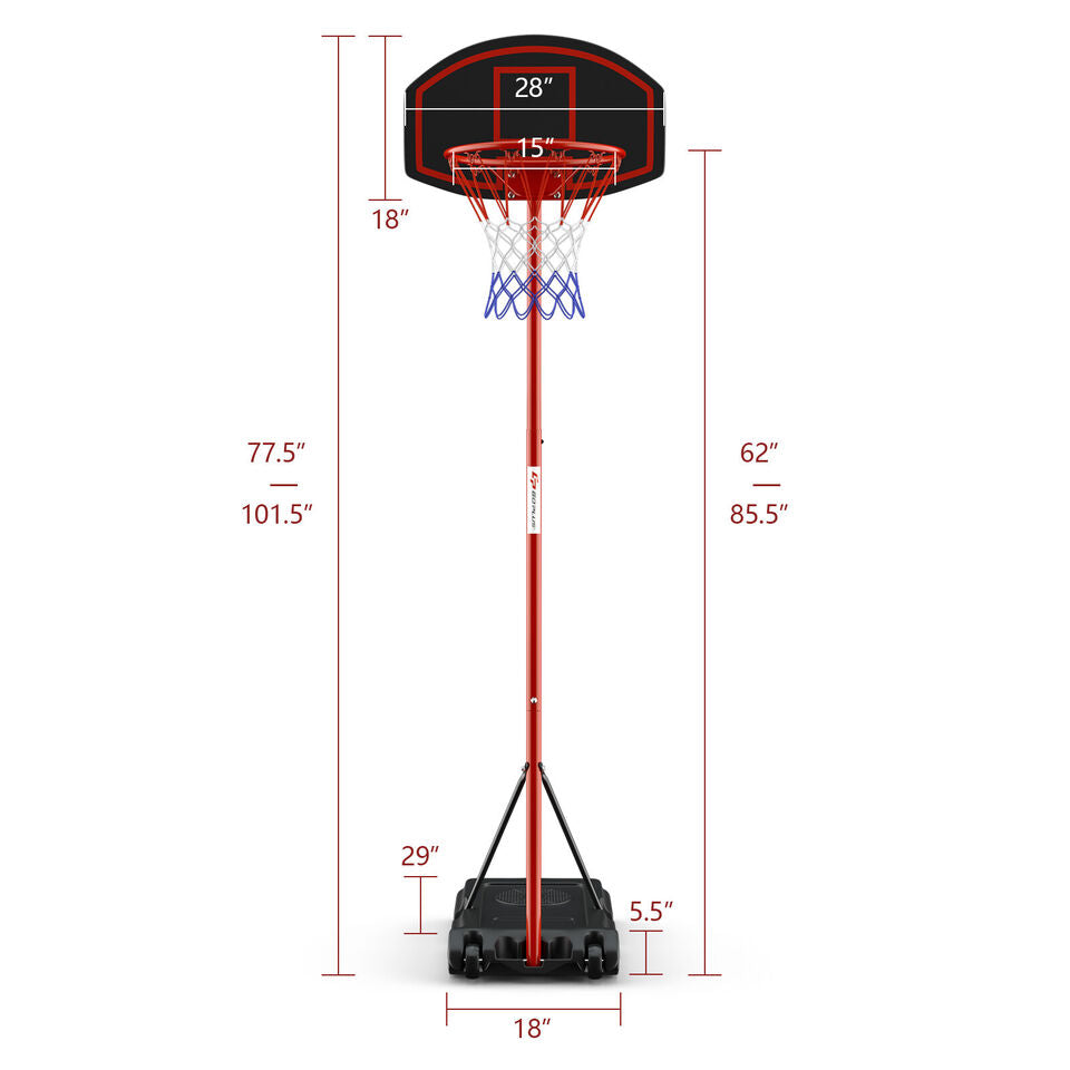 Adjustable Basketball Hoop System Stand Portable with 2 Wheels Fillable Base-Black & Red Kids Crystal
