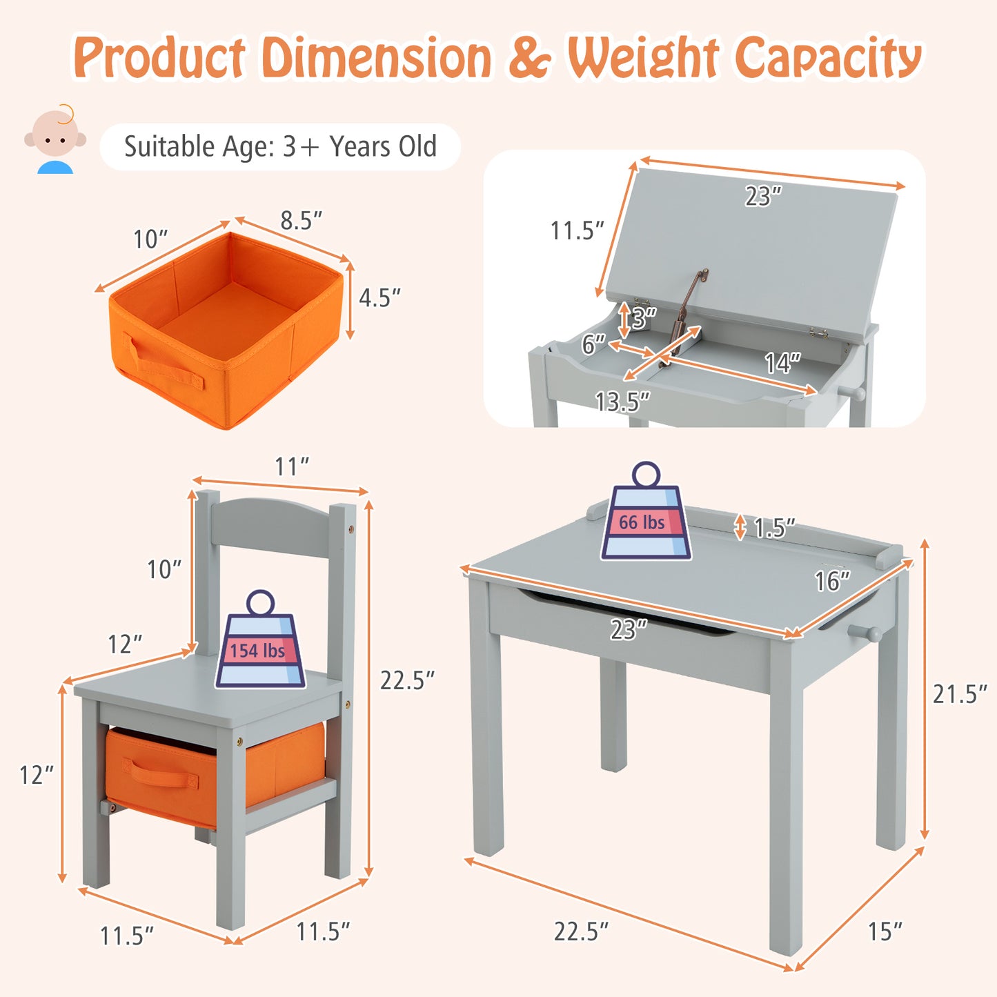 Wood Activity Kids Table and Chair Set with Storage Space-Gray Kids Crystal