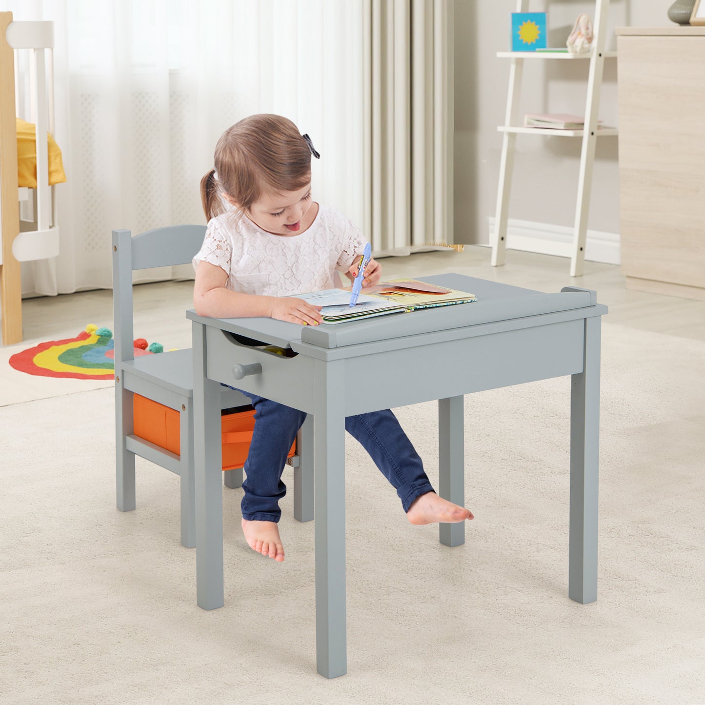 Wood Activity Kids Table and Chair Set with Storage Space-Gray Kids Crystal