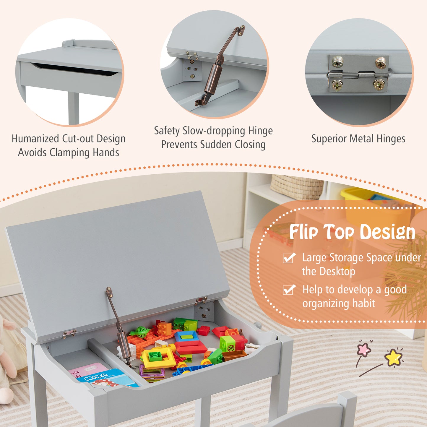 Wood Activity Kids Table and Chair Set with Storage Space-Gray Kids Crystal
