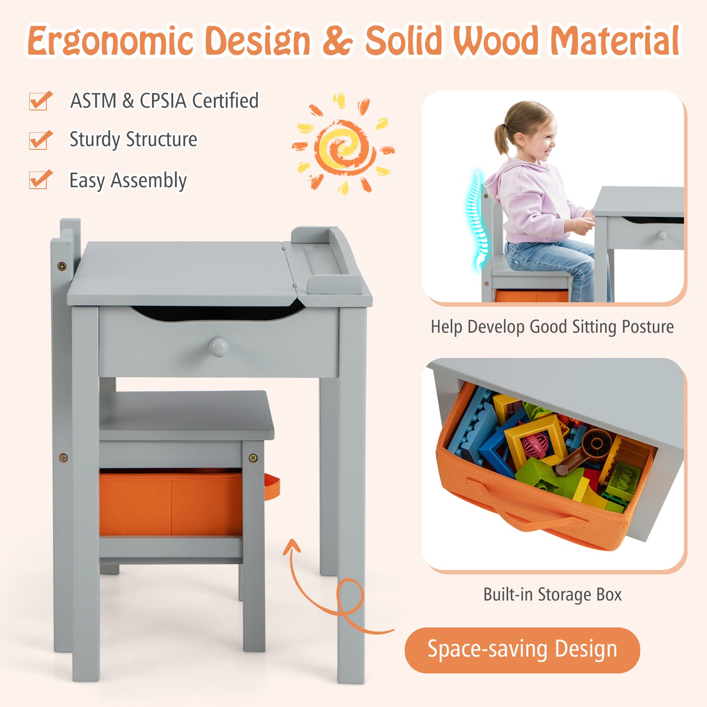 Wood Activity Kids Table and Chair Set with Storage Space-Gray Kids Crystal