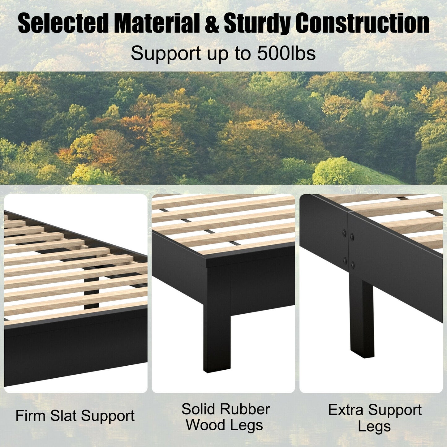 Twin Size Platform Bed Frame with Rubber Wood Leg-Black Kids Crystal